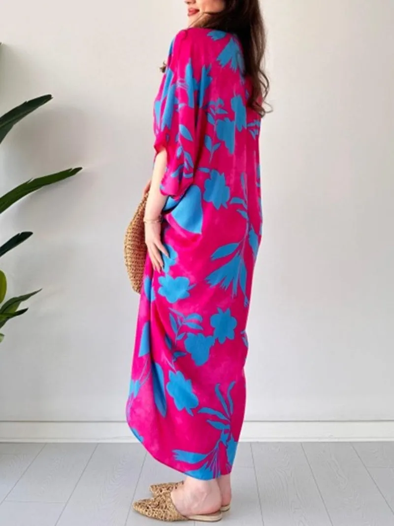 💃 Fashion Printed Loose Bat Sleeves V-neck Drawstring Dress