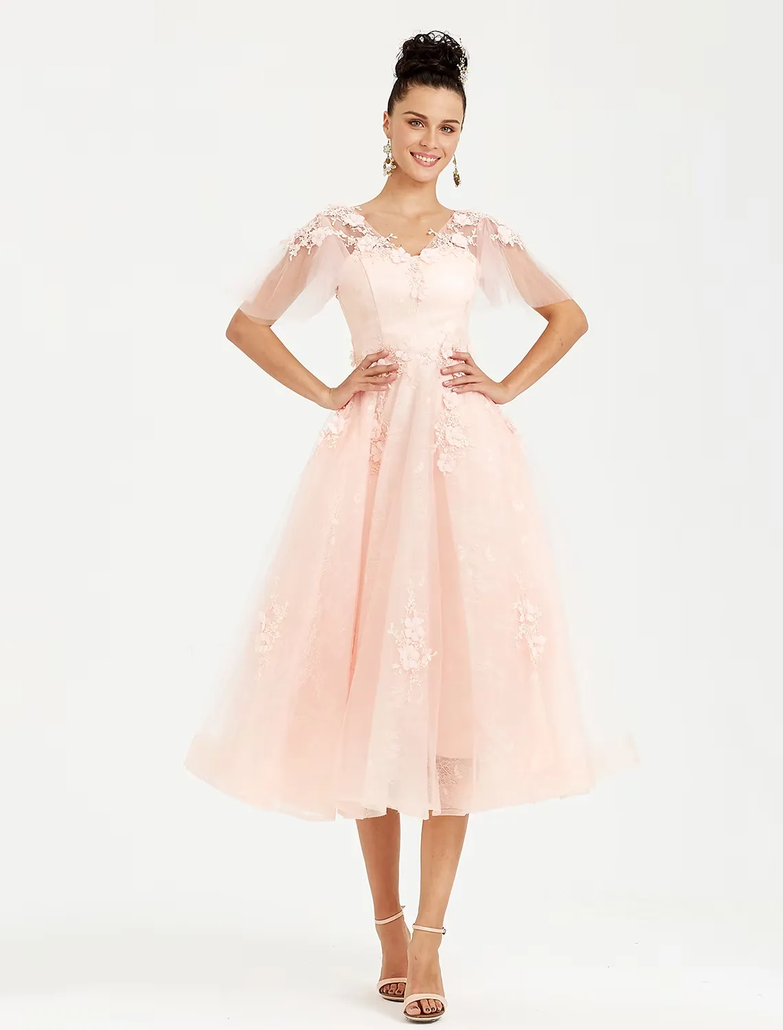 A-Line Prom Dresses Elegant Dress Wedding Guest  Short Sleeve V Neck Tulle with Appliques