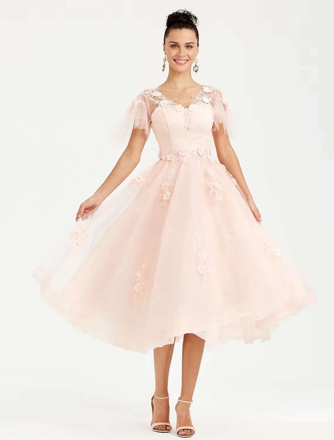 A-Line Prom Dresses Elegant Dress Wedding Guest  Short Sleeve V Neck Tulle with Appliques