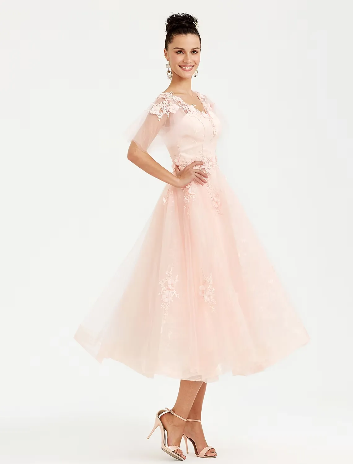 A-Line Prom Dresses Elegant Dress Wedding Guest  Short Sleeve V Neck Tulle with Appliques