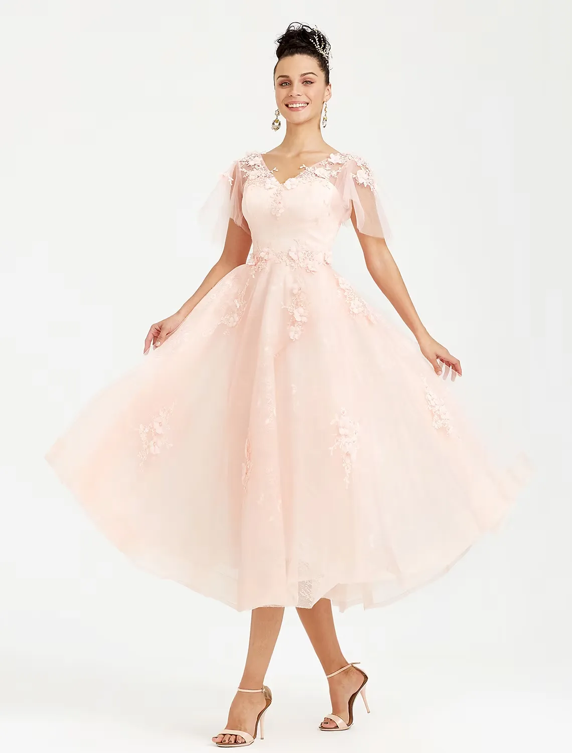 A-Line Prom Dresses Elegant Dress Wedding Guest  Short Sleeve V Neck Tulle with Appliques