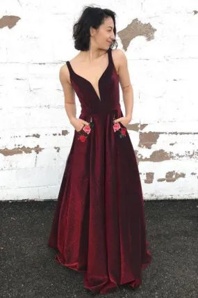 A-Line V-Neck Long Burgundy Prom Dress with Pockets Floral Appliques PFP1615