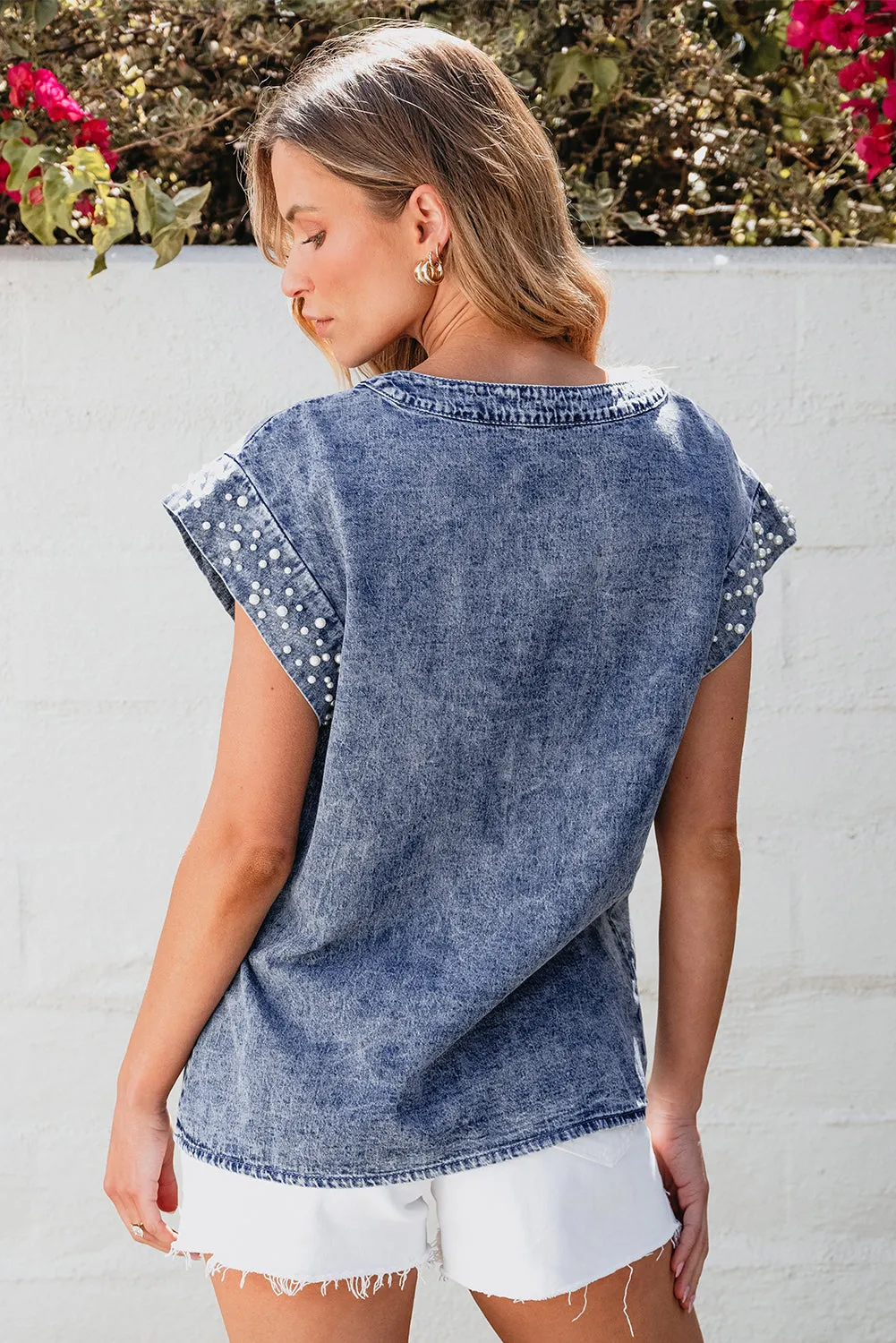 Acid Wash Pearl Embellishments Denim Top