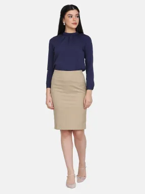 Beige Polycotton Straight Skirt