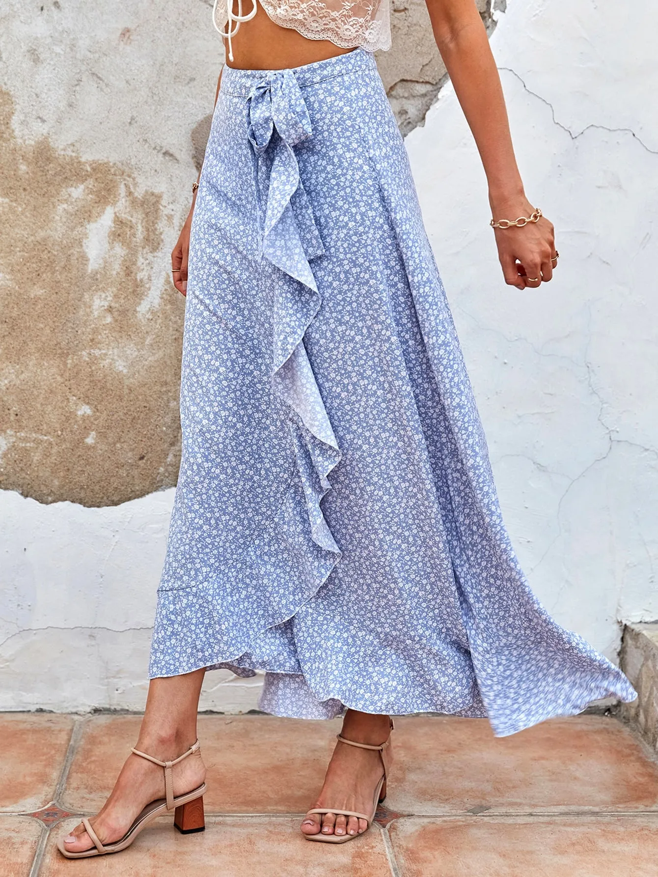 Boho Ditsy Floral Ruffle Hem High Waist Long Women Skirts