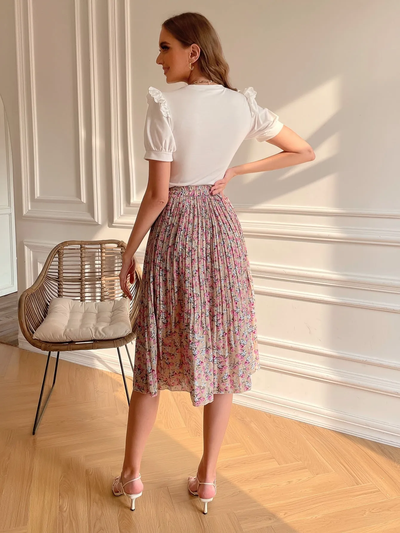 Boho Floral Pleated Natural Midi Women Skirt