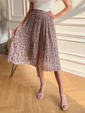 Boho Floral Pleated Natural Midi Women Skirt