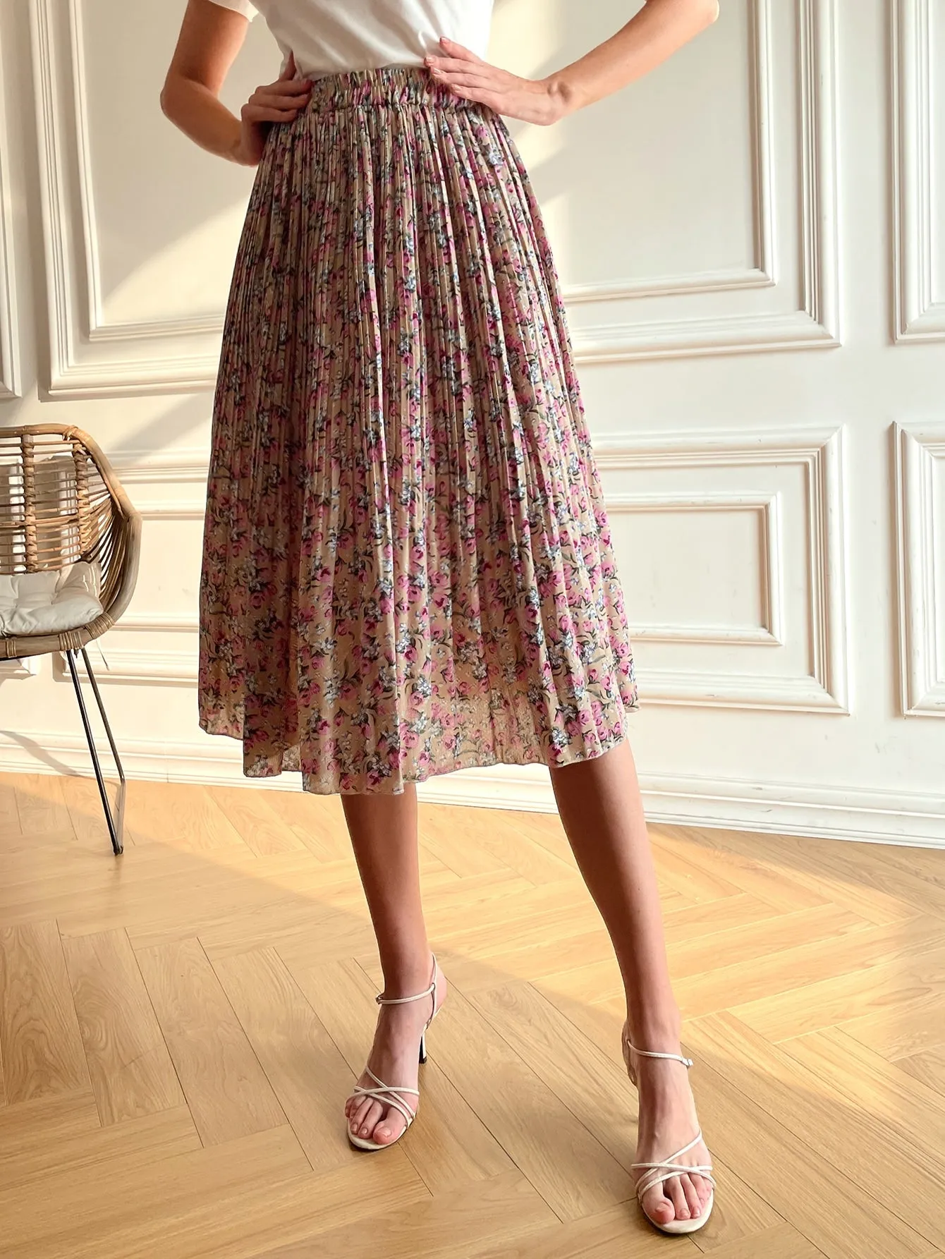 Boho Floral Pleated Natural Midi Women Skirt