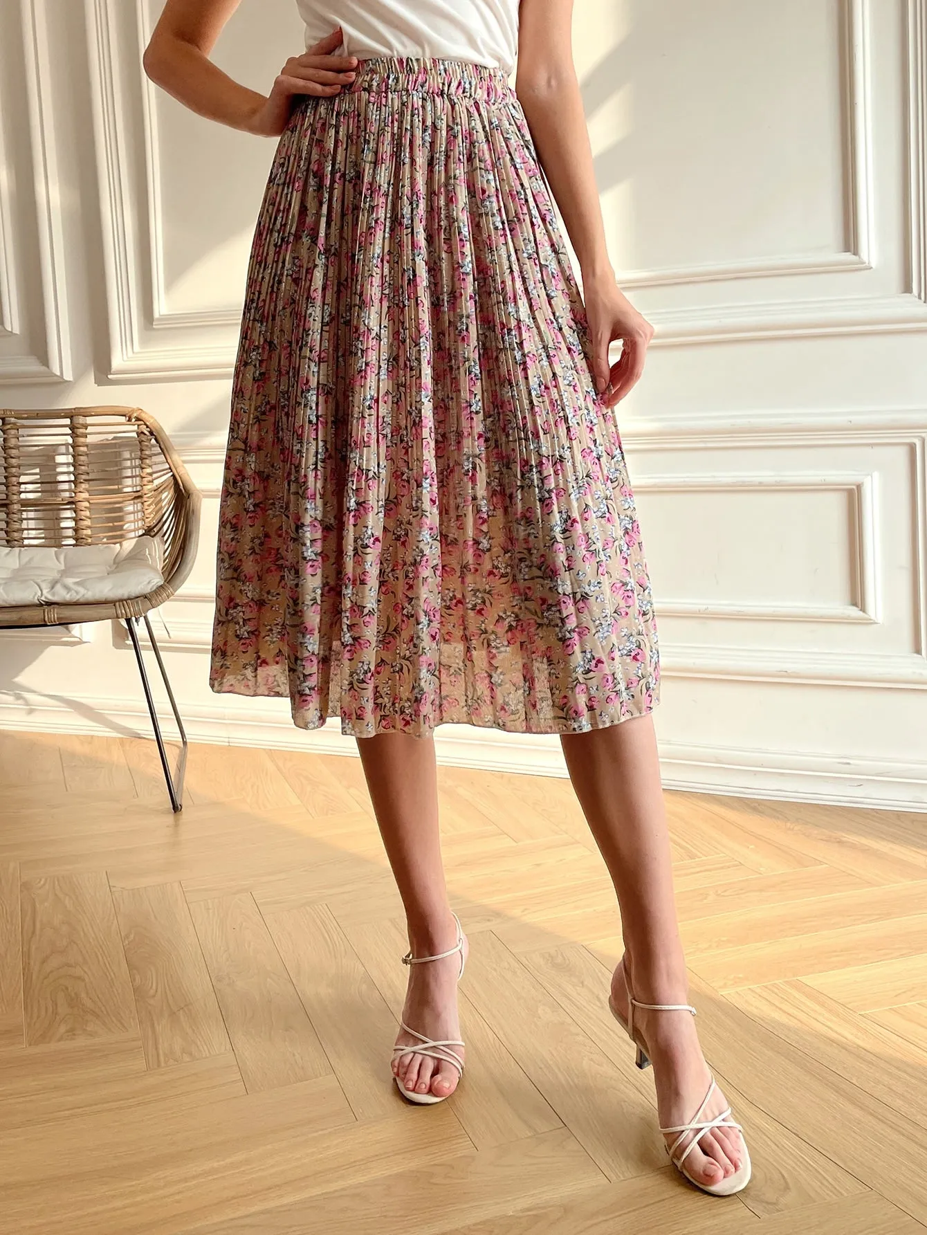 Boho Floral Pleated Natural Midi Women Skirt