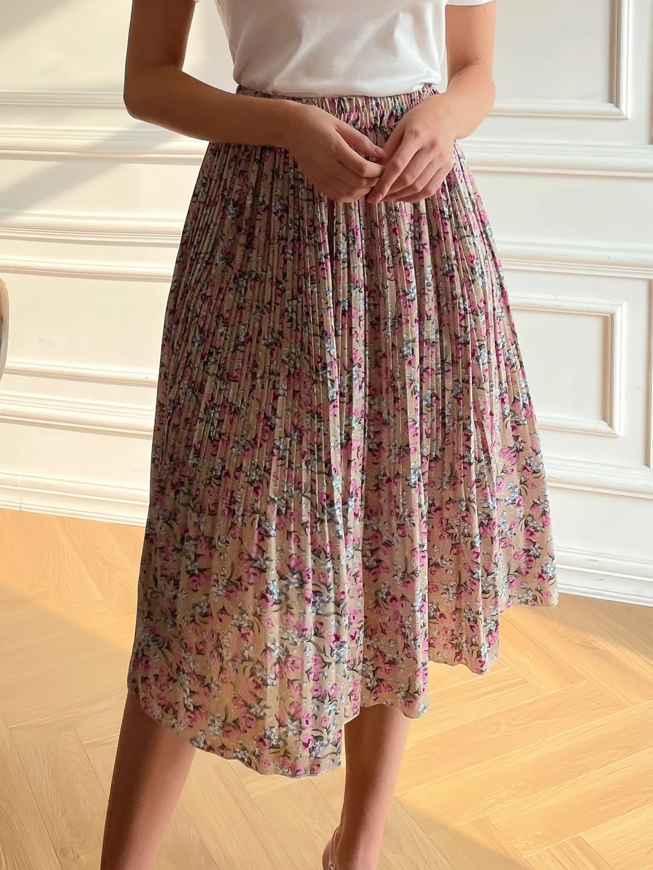 Boho Floral Pleated Natural Midi Women Skirt