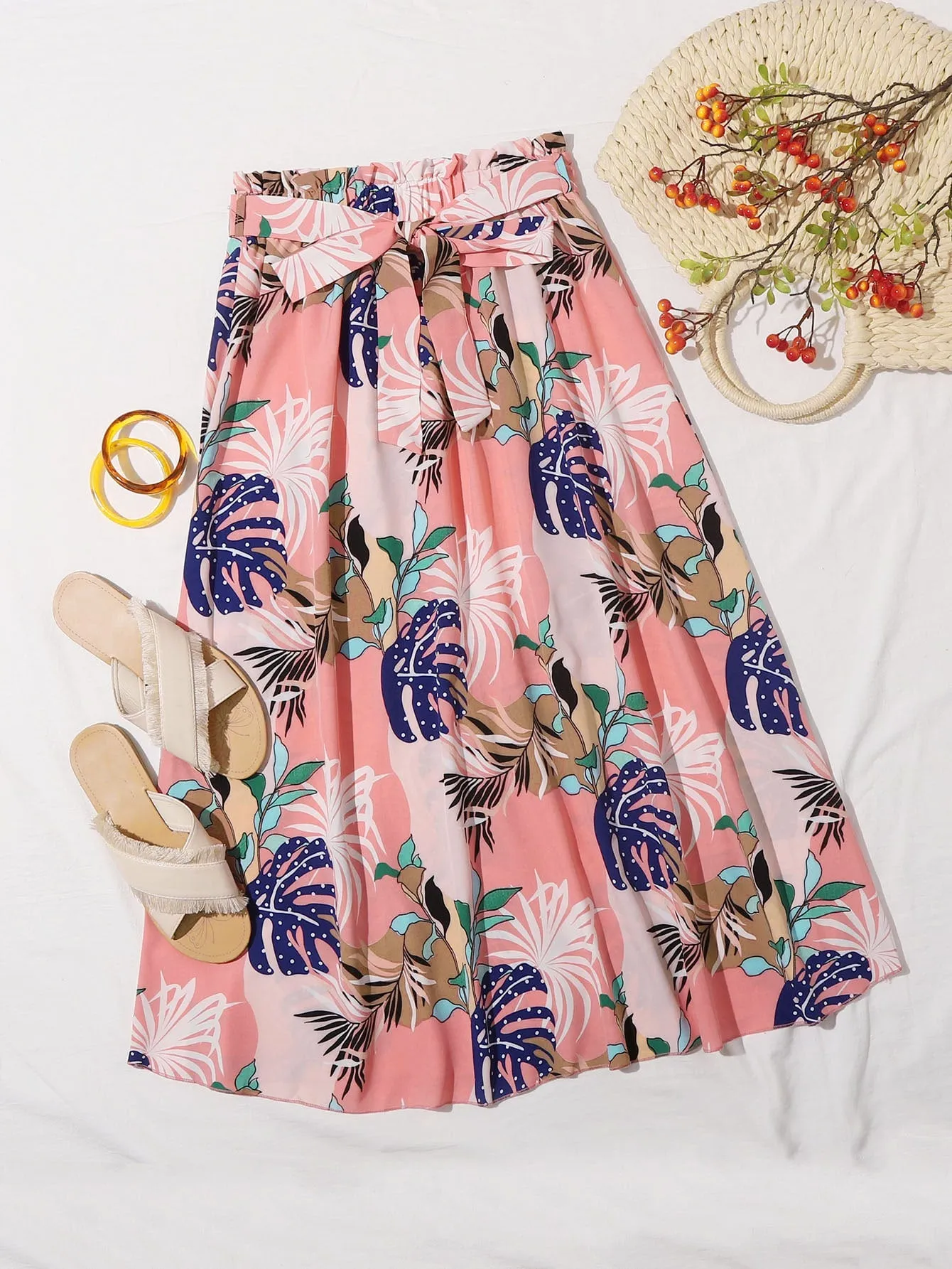 Boho Tropical Paper Bag Waist Natural Long Women Skirt