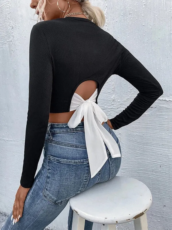 Bowknot Long Sleeves Skinny Round-Neck T-Shirts Tops