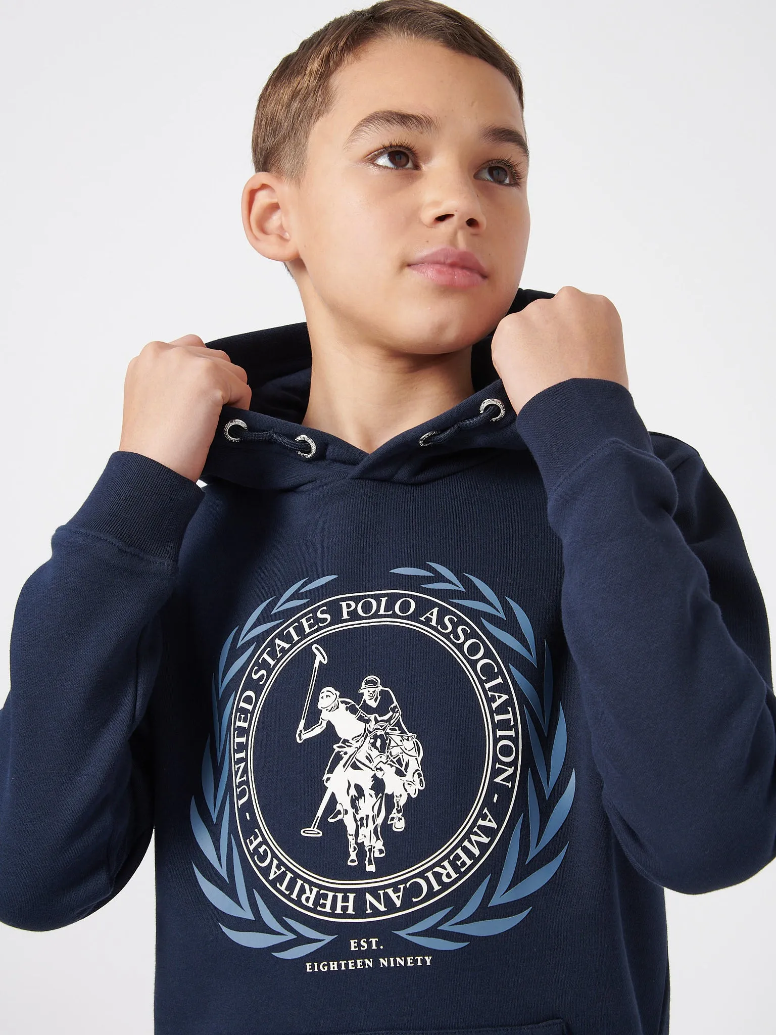 Boys Crest Graphic Hoodie in Dark Sapphire Navy