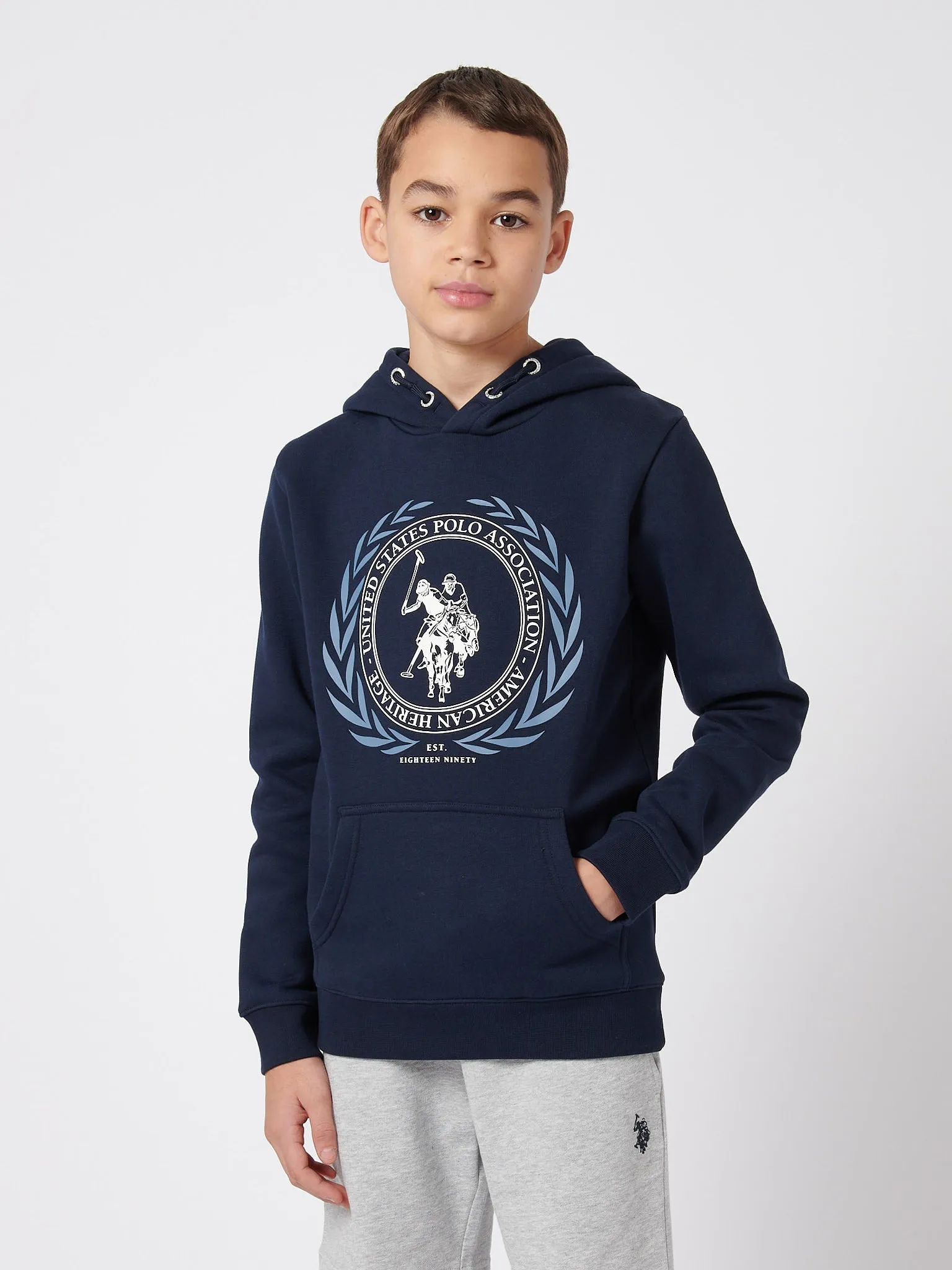 Boys Crest Graphic Hoodie in Dark Sapphire Navy