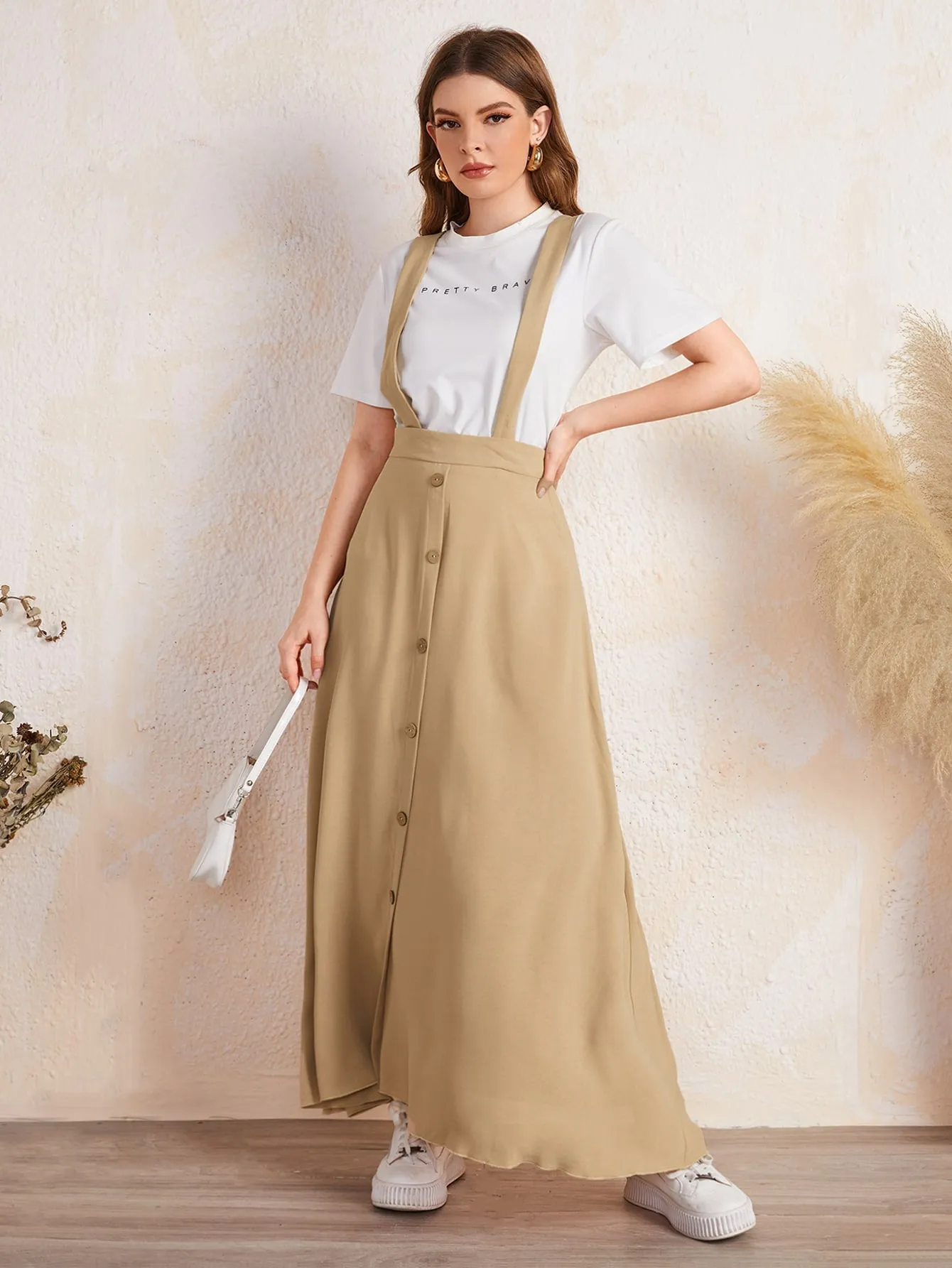 Casual Plain Button Front Natural Maxi Women Skirt