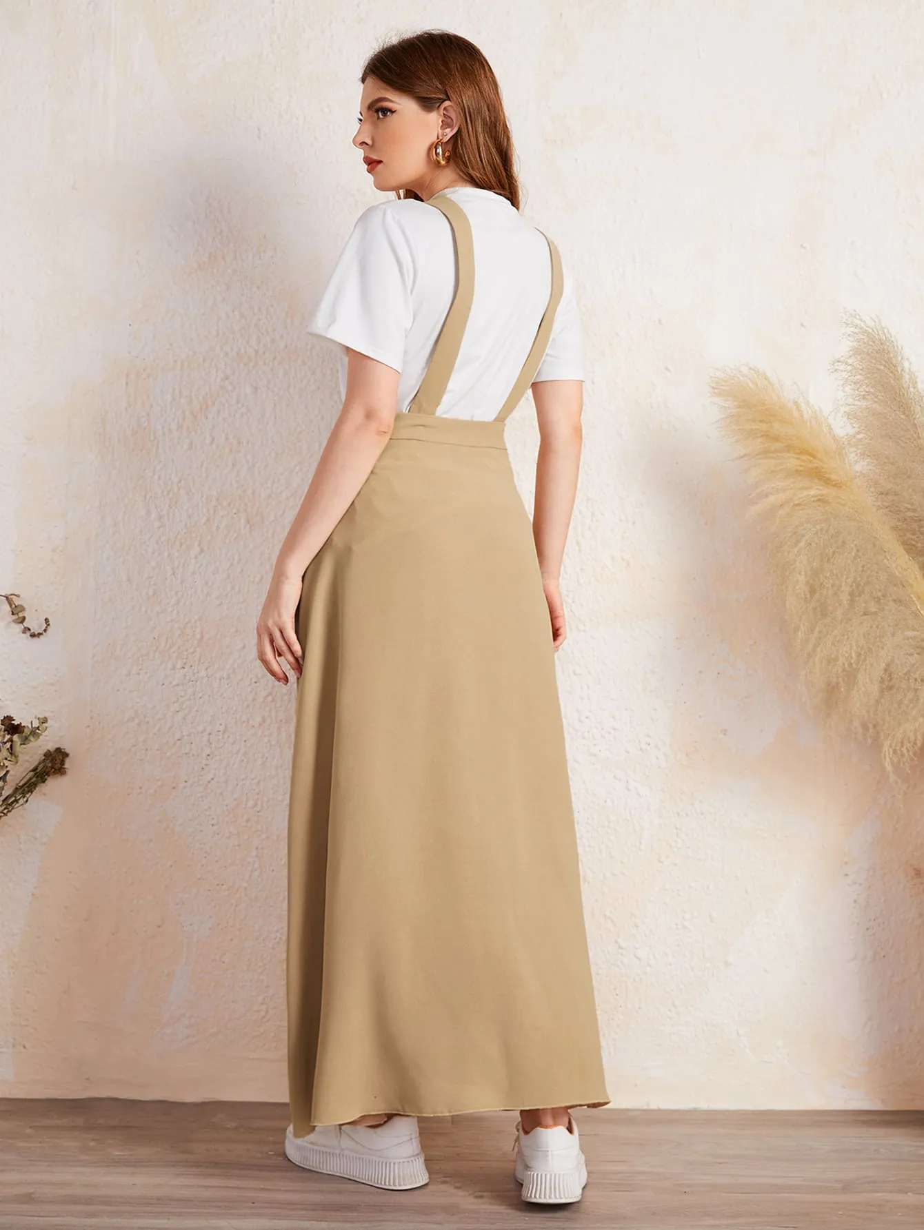 Casual Plain Button Front Natural Maxi Women Skirt