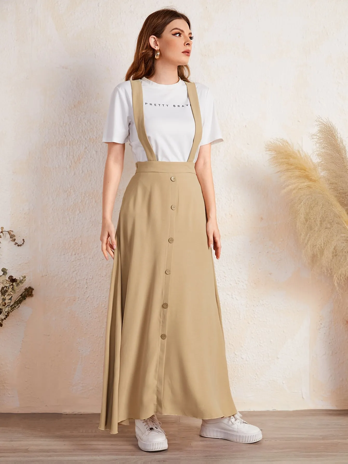 Casual Plain Button Front Natural Maxi Women Skirt