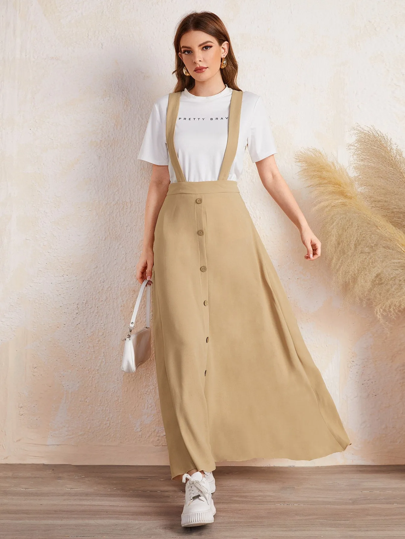 Casual Plain Button Front Natural Maxi Women Skirt