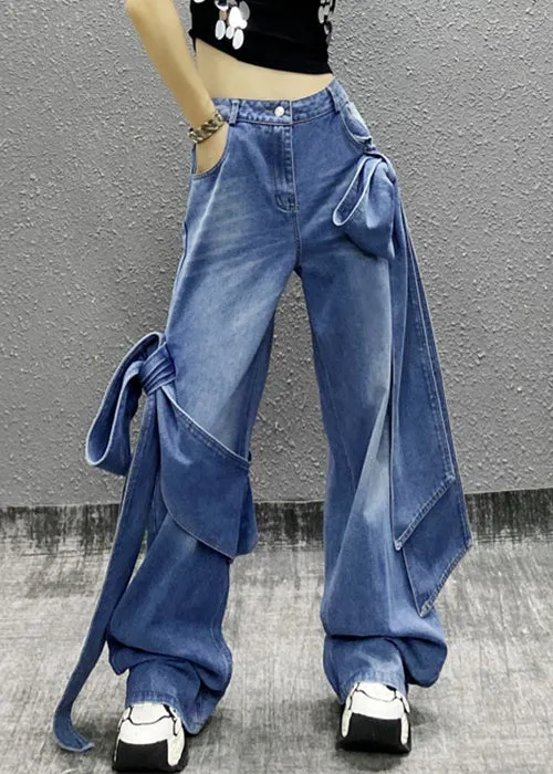 Chic Blue Bow Pockets High Waist Denim Pants Summer AW1010