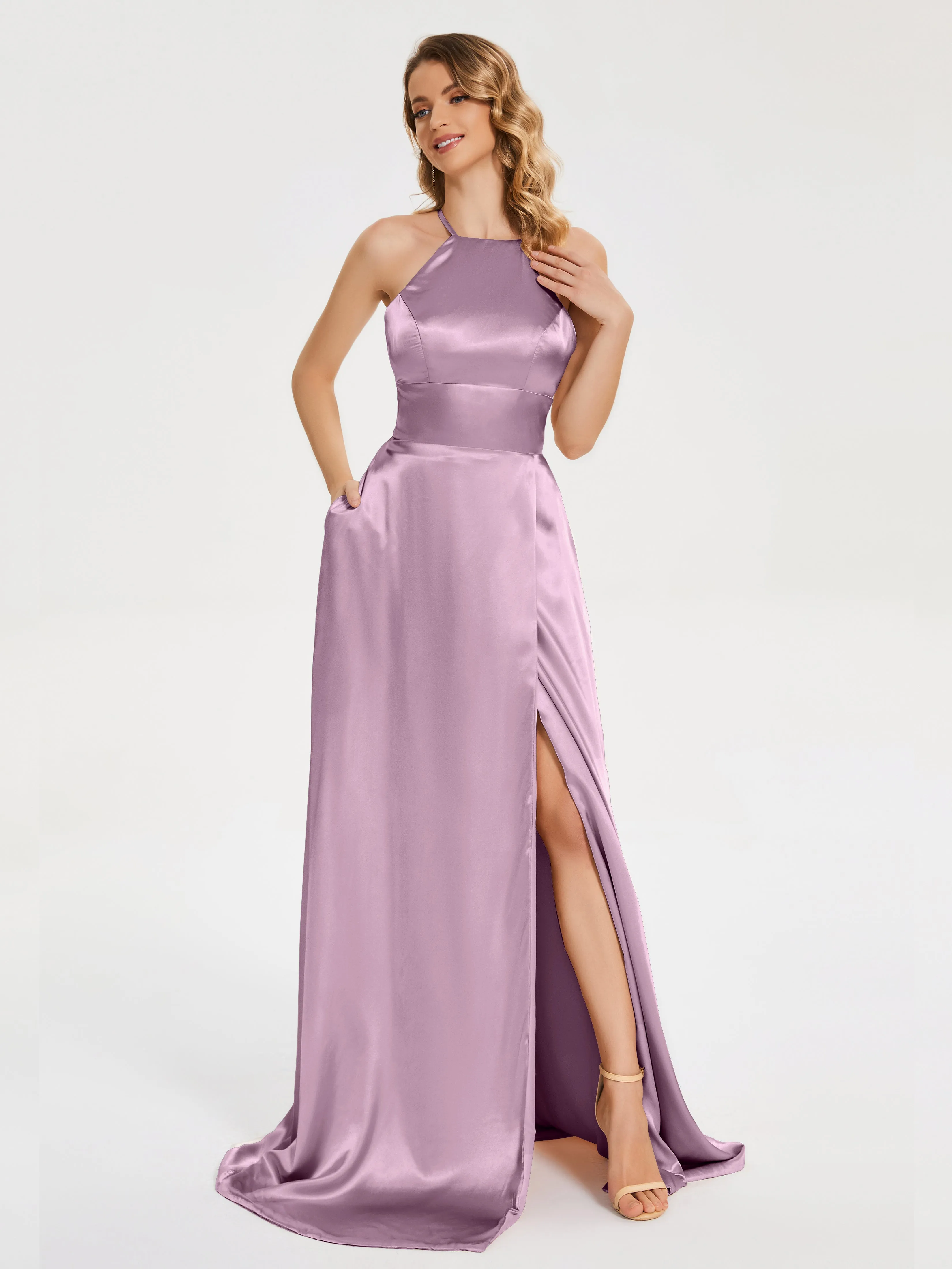 Elaina Elegant Halter Soft Satin Dresses