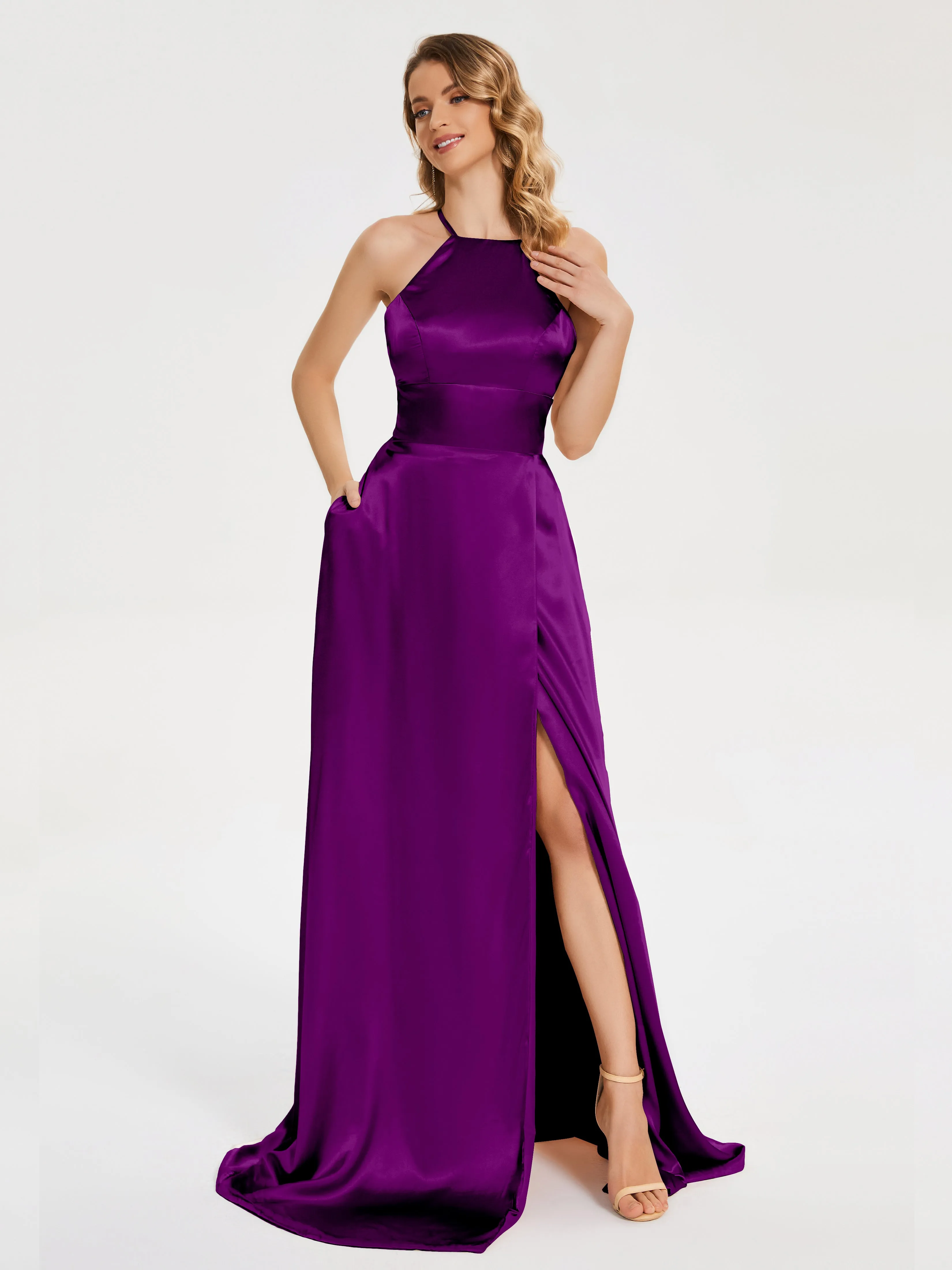 Elaina Elegant Halter Soft Satin Dresses