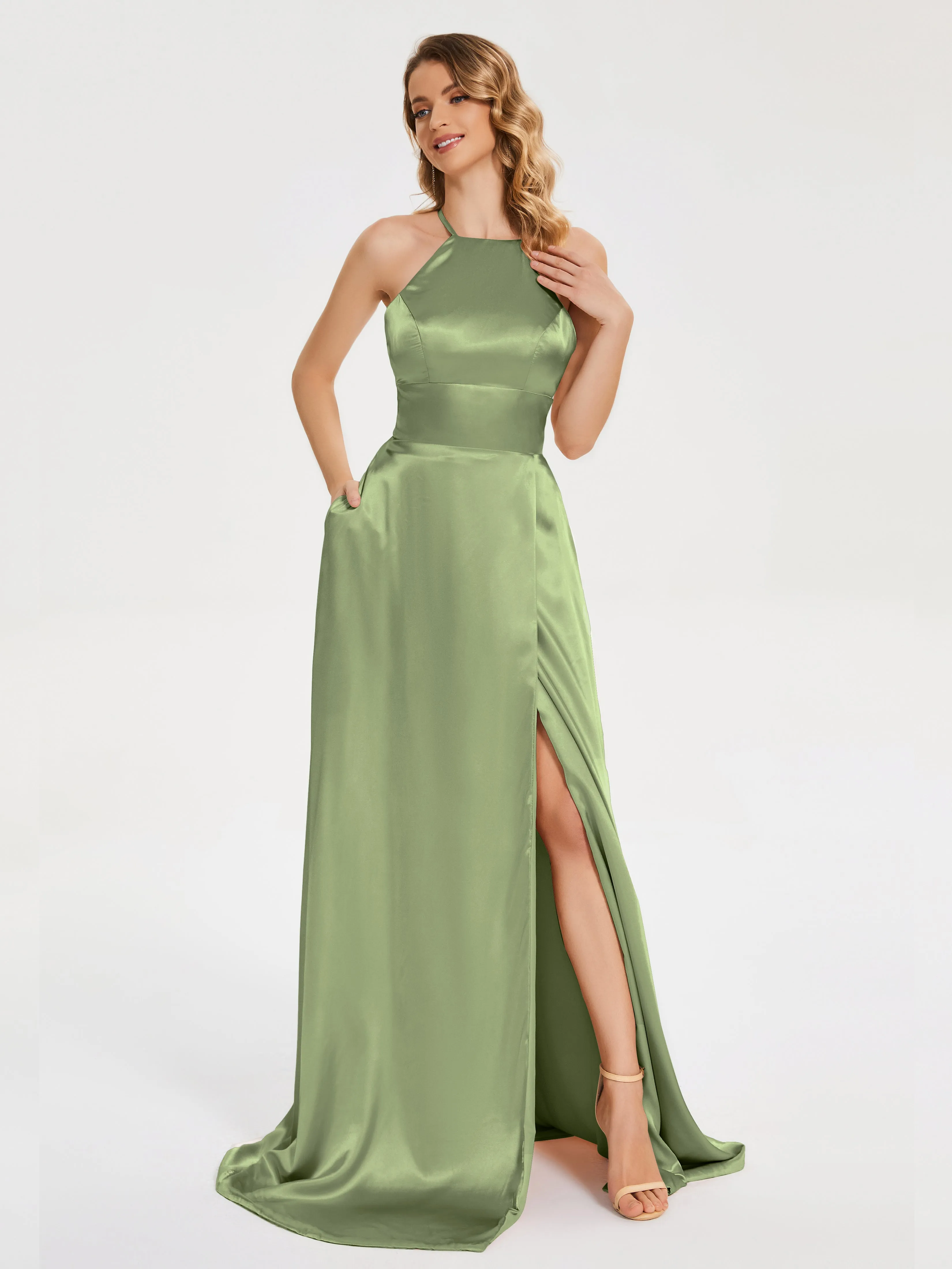 Elaina Elegant Halter Soft Satin Dresses