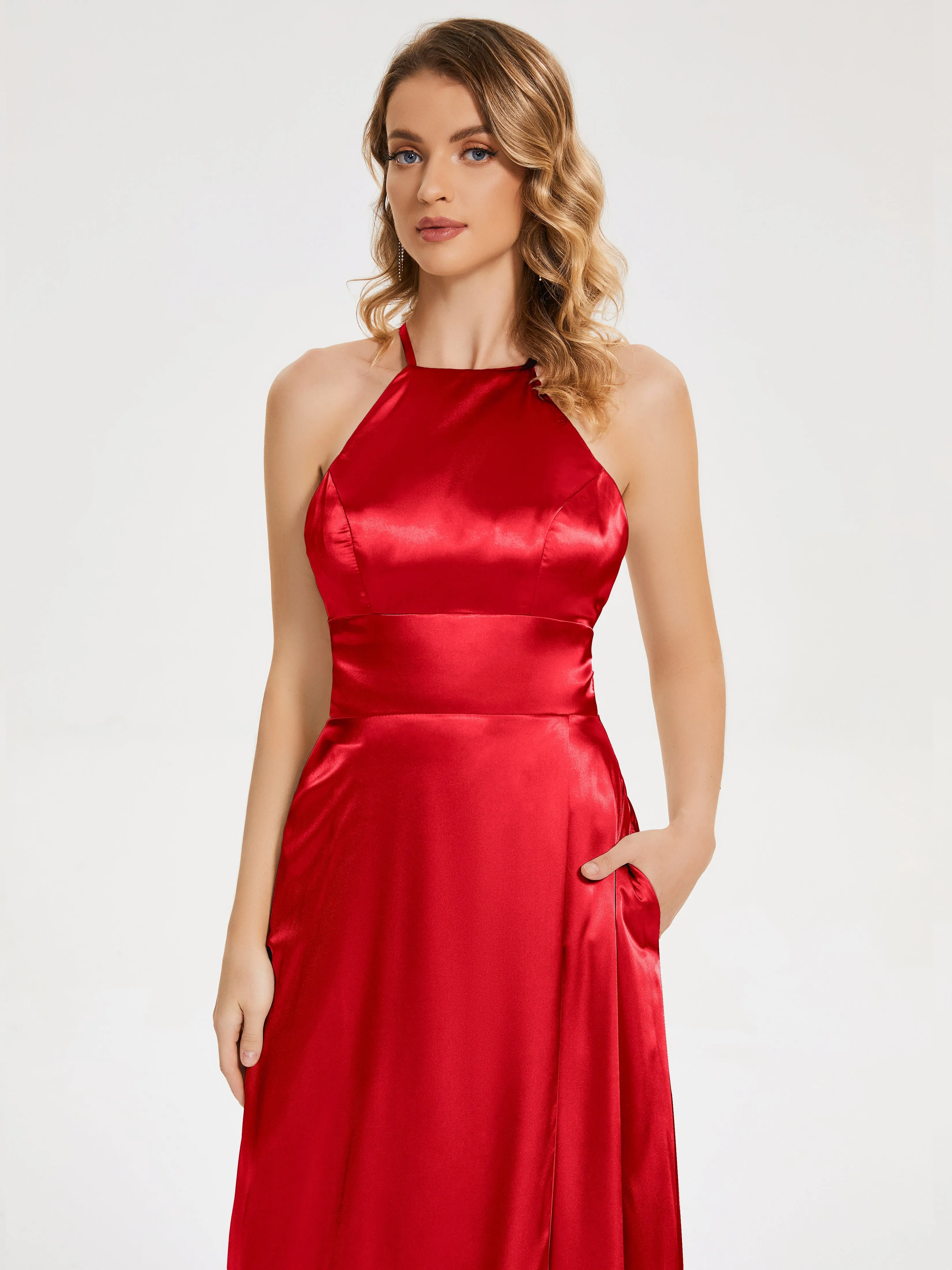 Elaina Elegant Halter Soft Satin Dresses