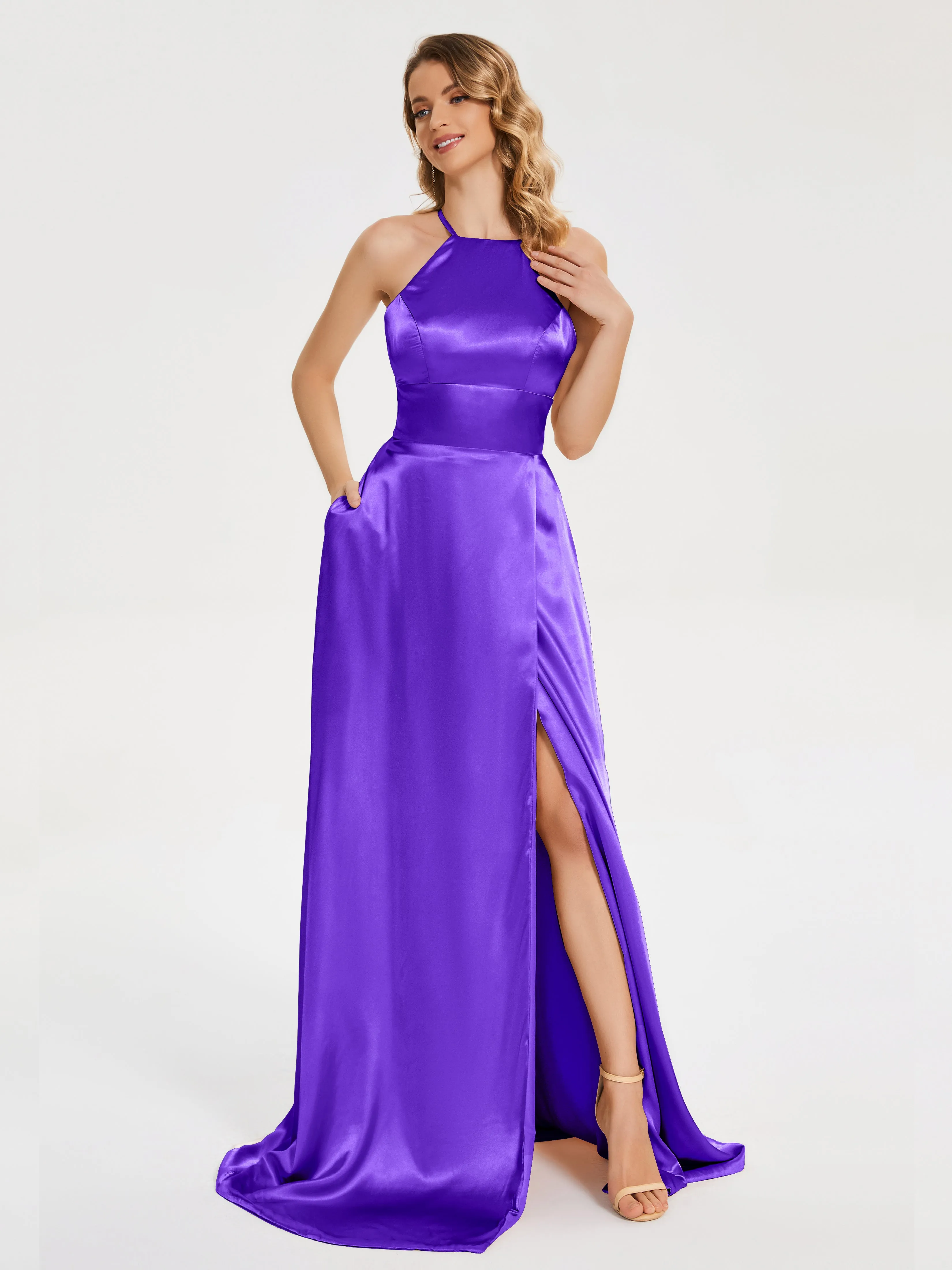 Elaina Elegant Halter Soft Satin Dresses