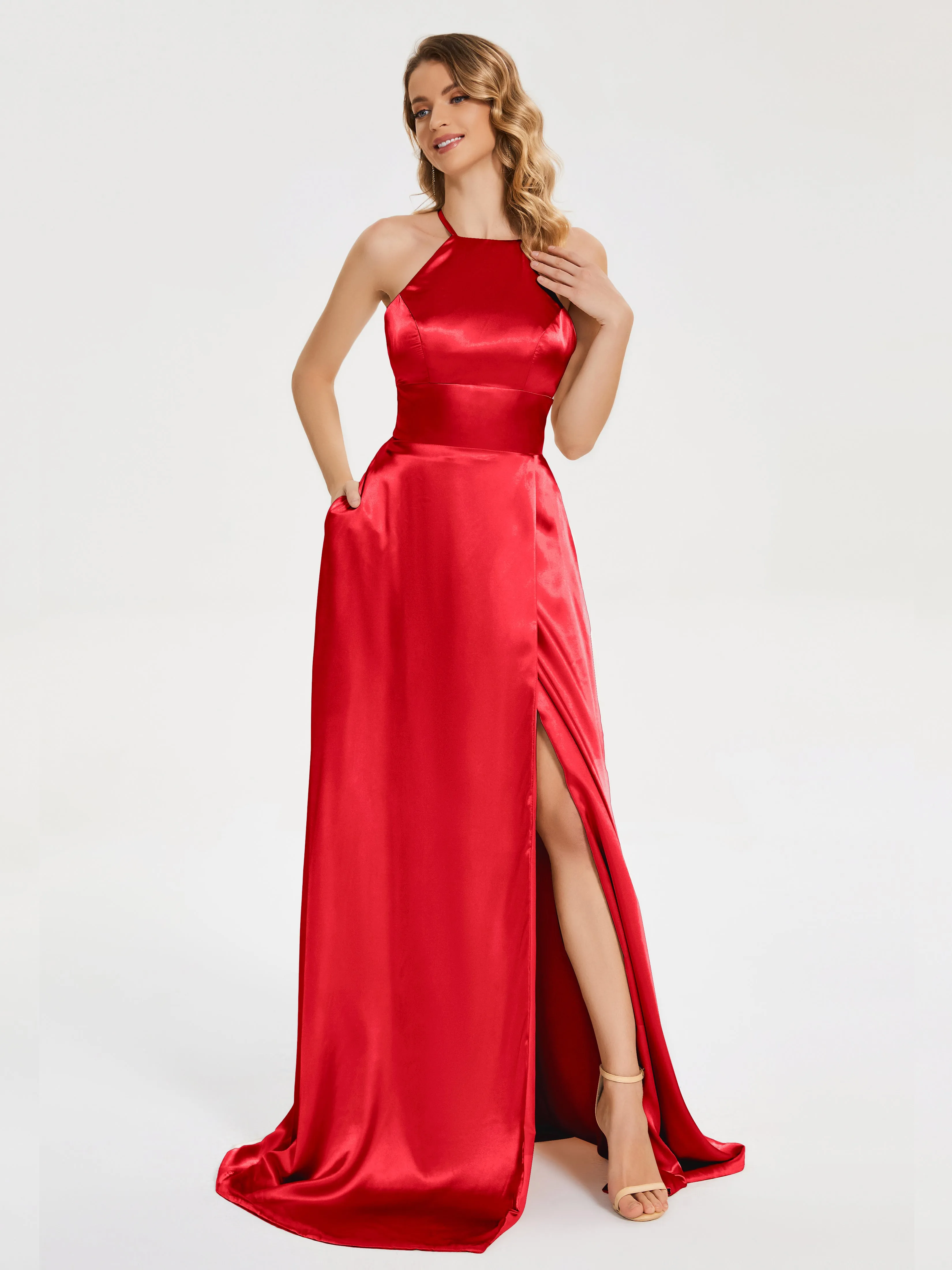 Elaina Elegant Halter Soft Satin Dresses