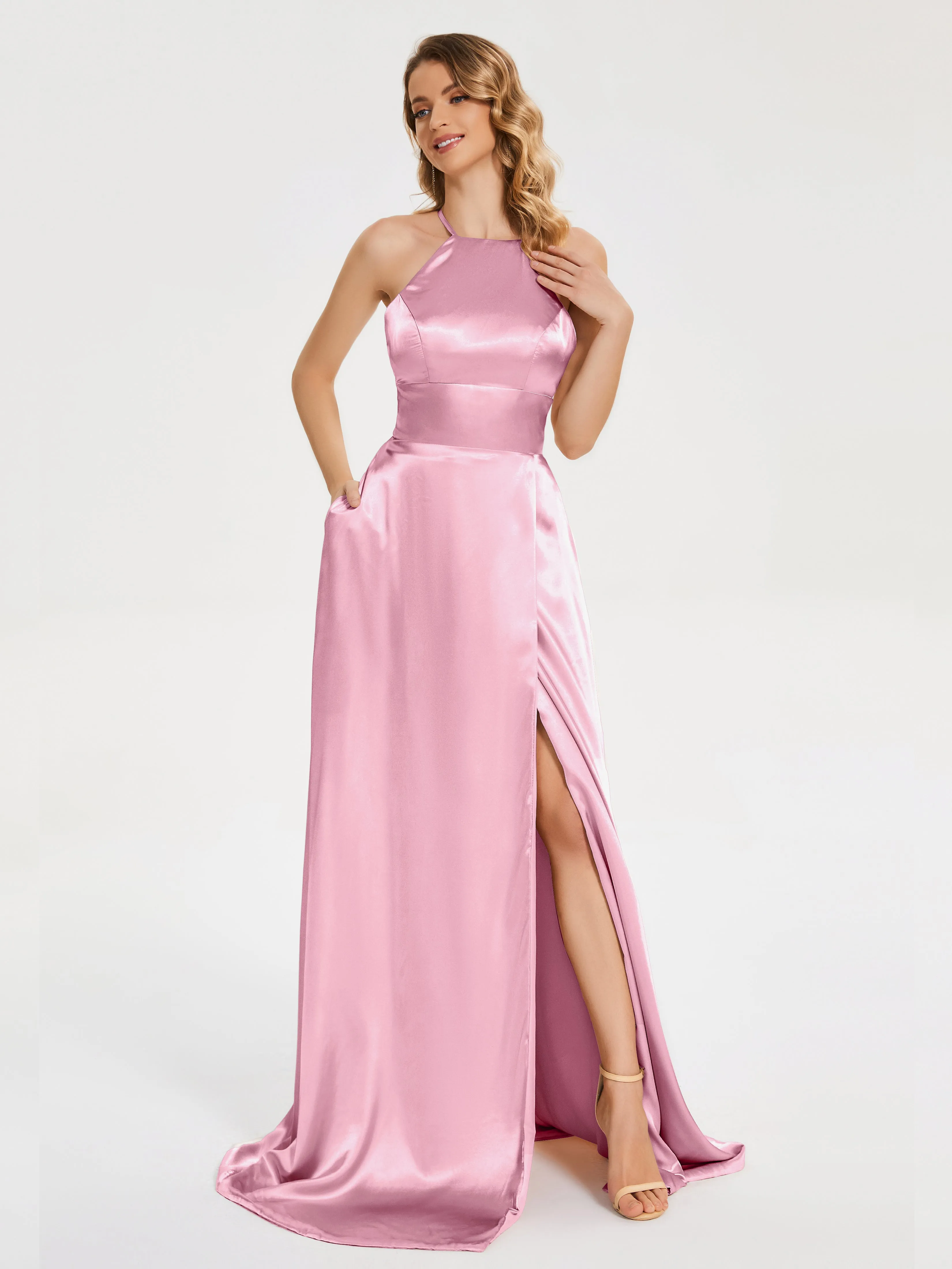 Elaina Elegant Halter Soft Satin Dresses