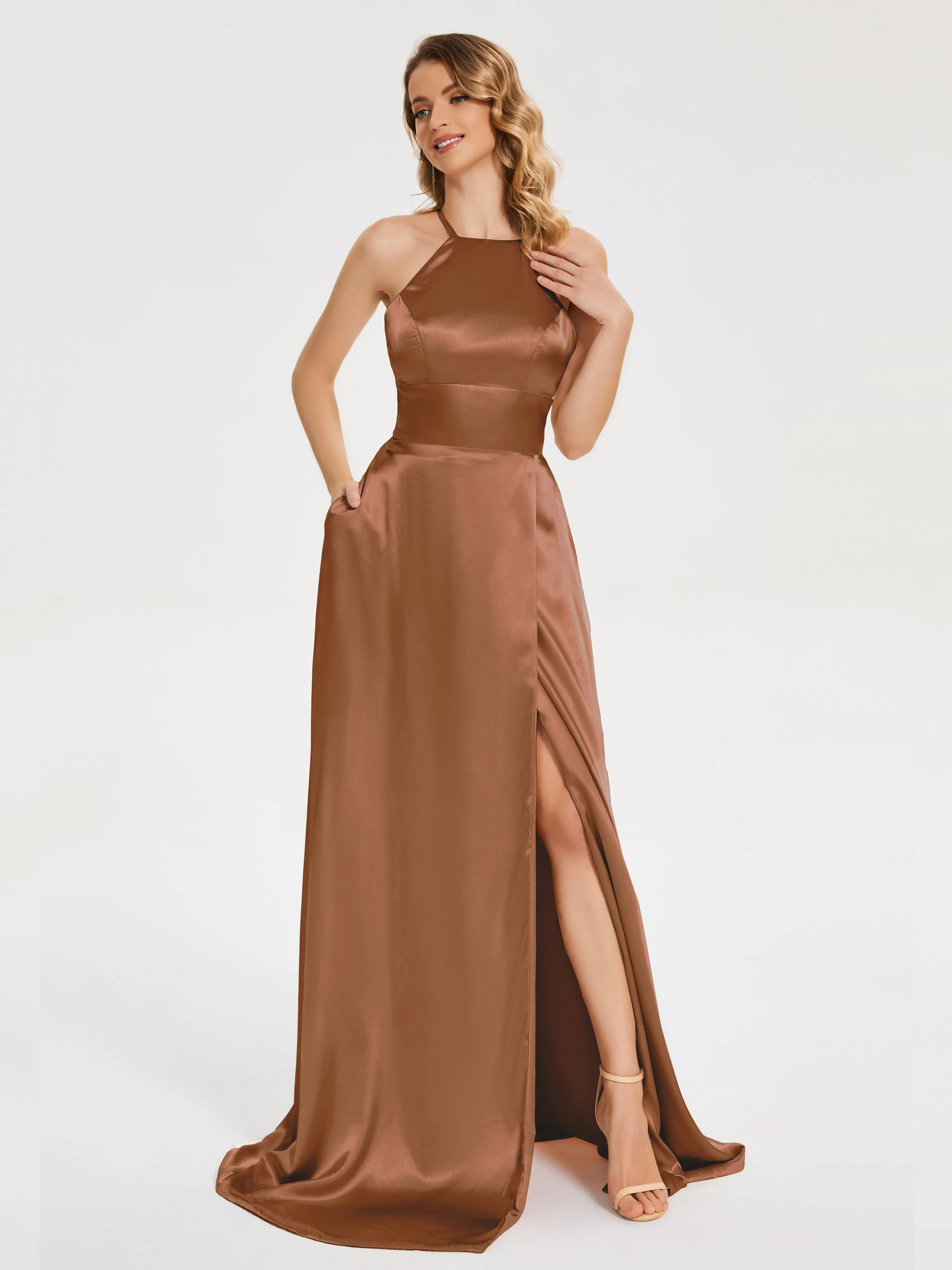 Elaina Elegant Halter Soft Satin Dresses