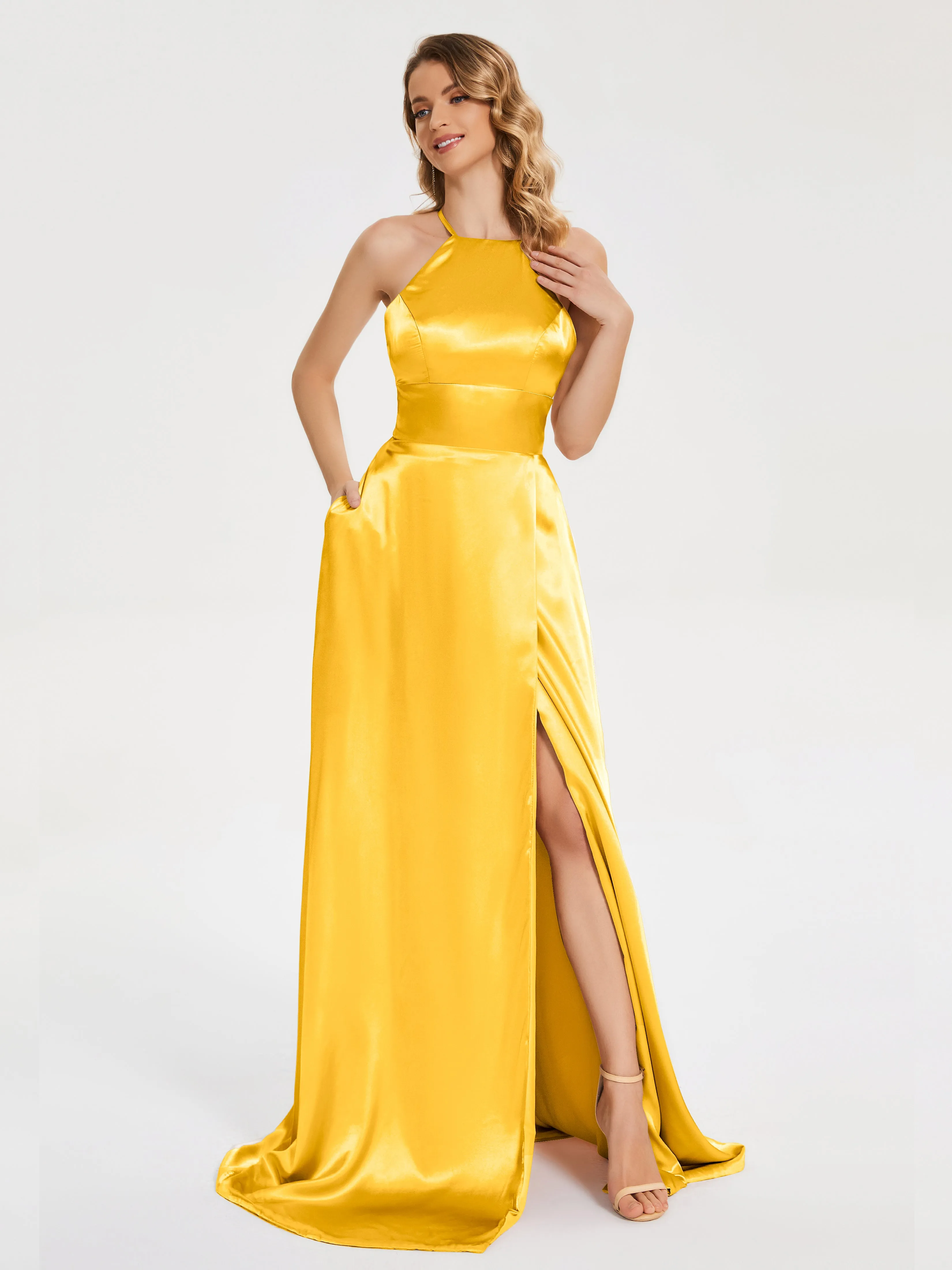 Elaina Elegant Halter Soft Satin Dresses