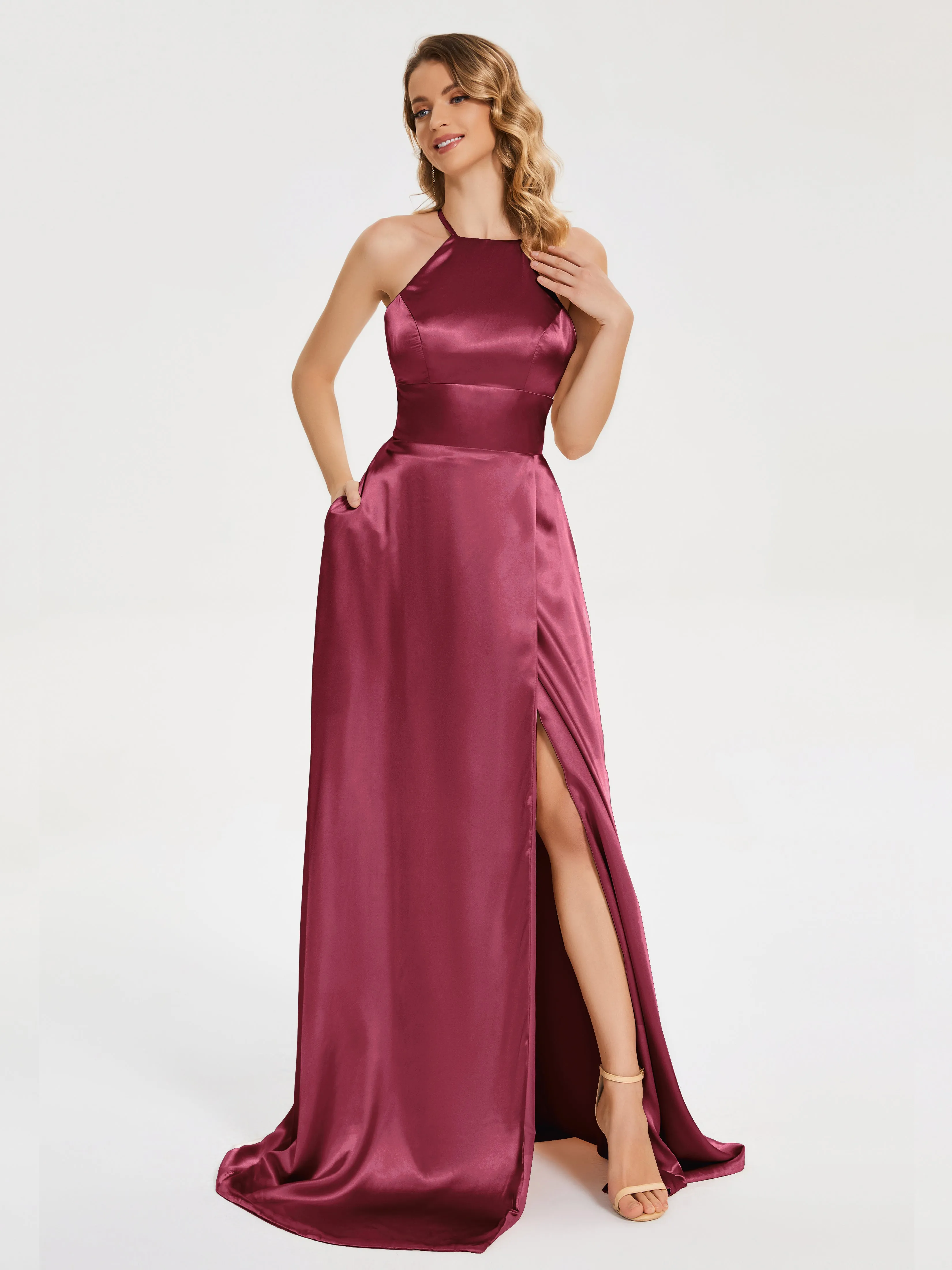 Elaina Elegant Halter Soft Satin Dresses