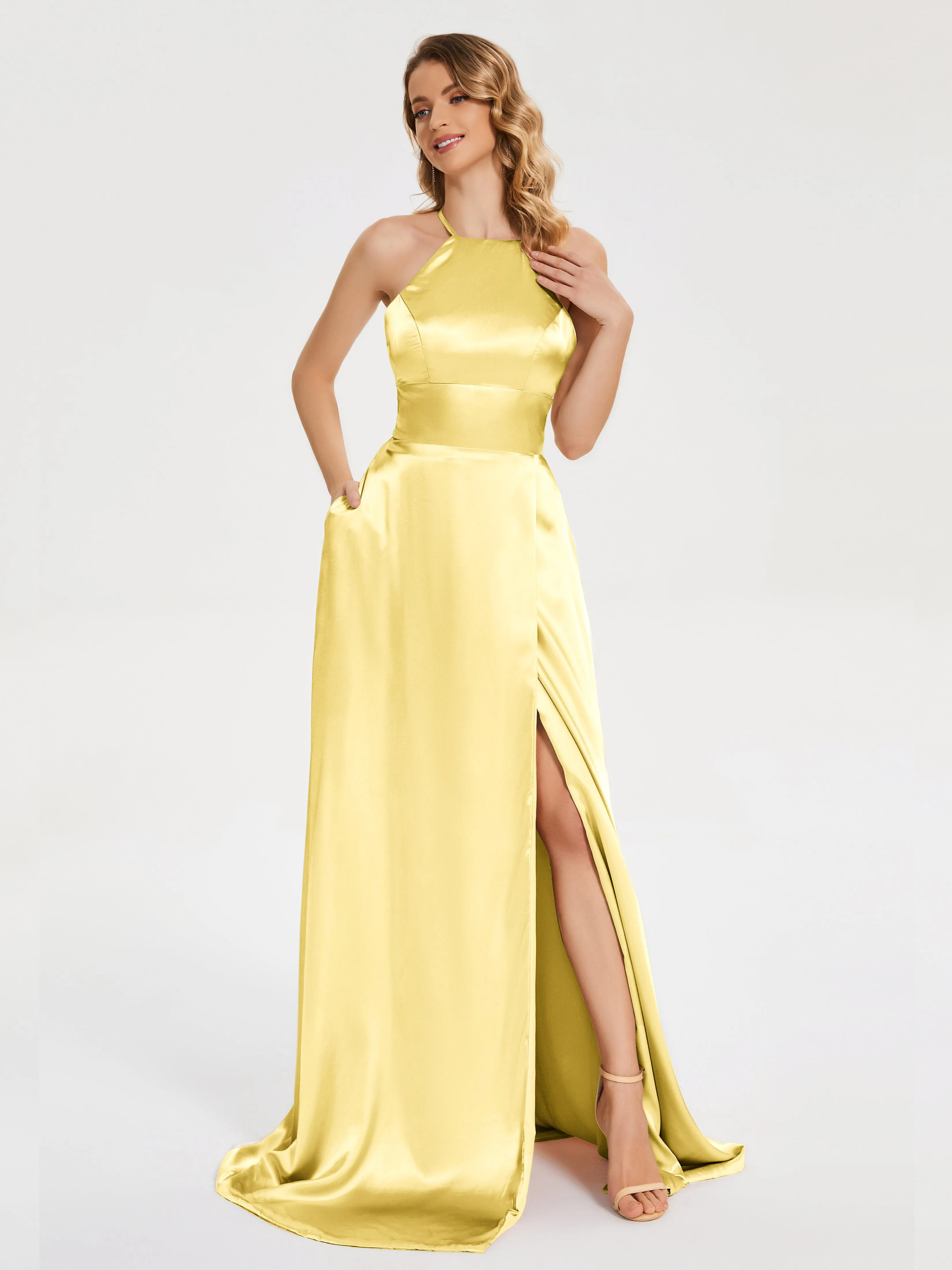 Elaina Elegant Halter Soft Satin Dresses