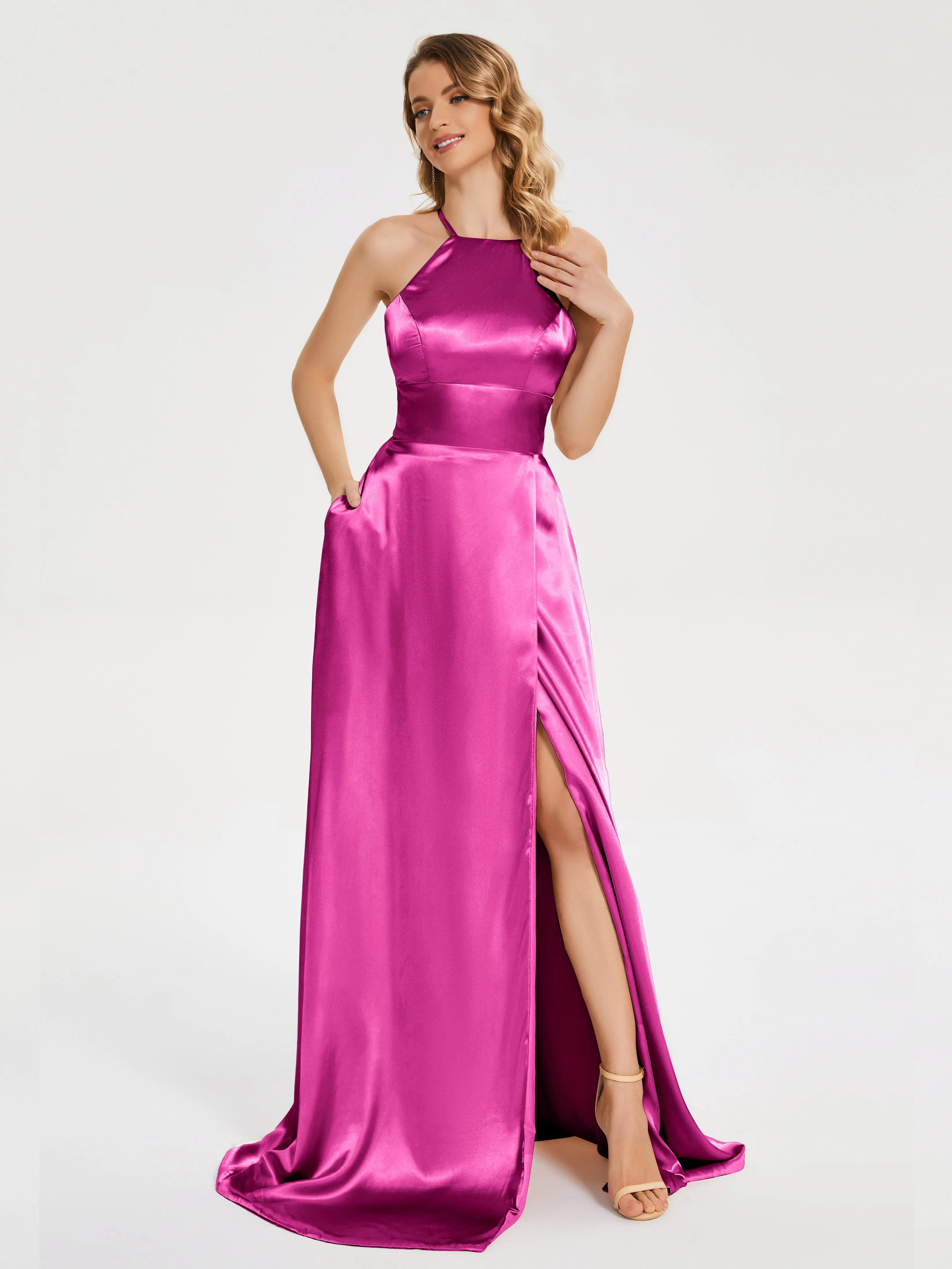 Elaina Elegant Halter Soft Satin Dresses