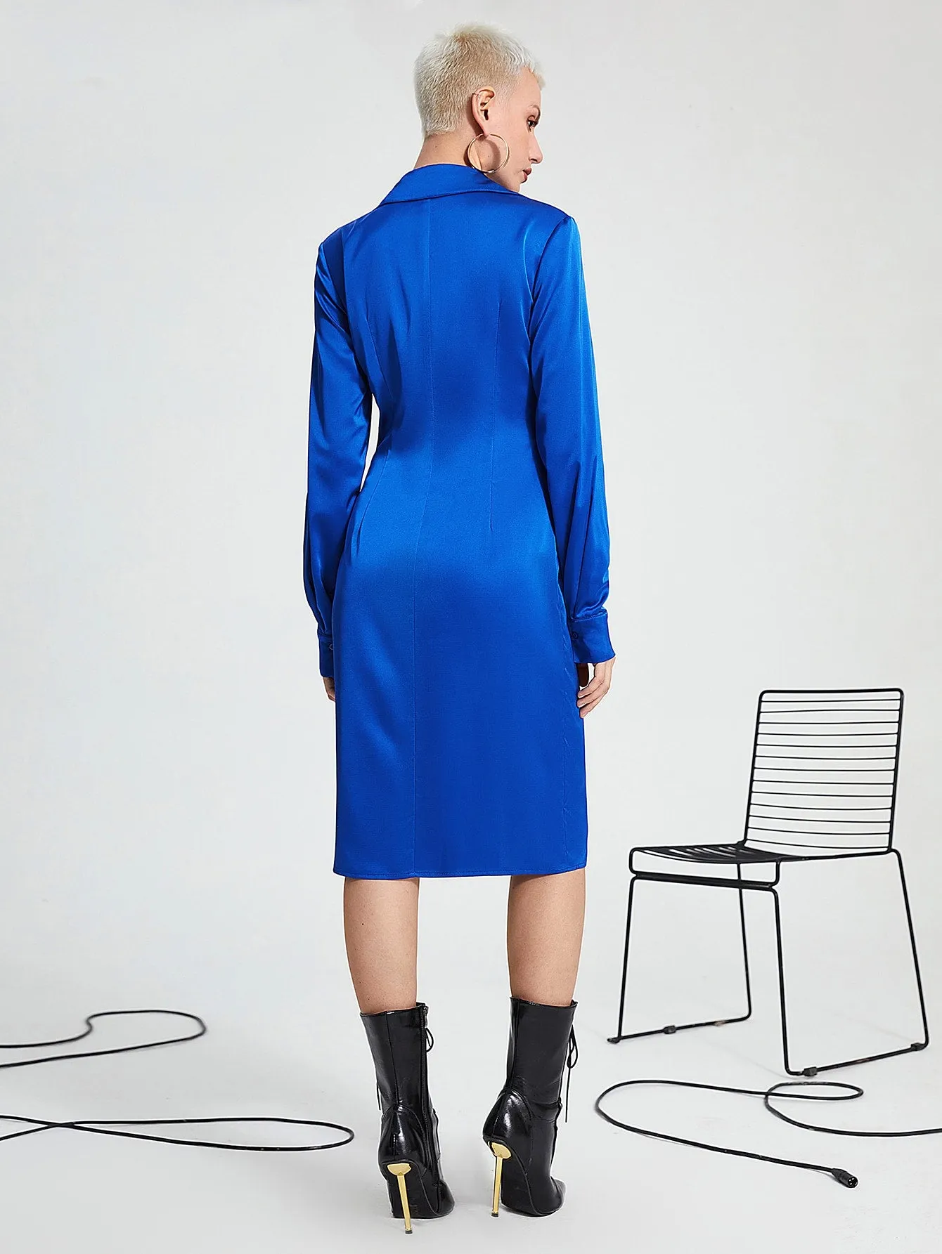 Elegant Plain Button Long Sleeve Collar Straight Natural Knee Length Dress