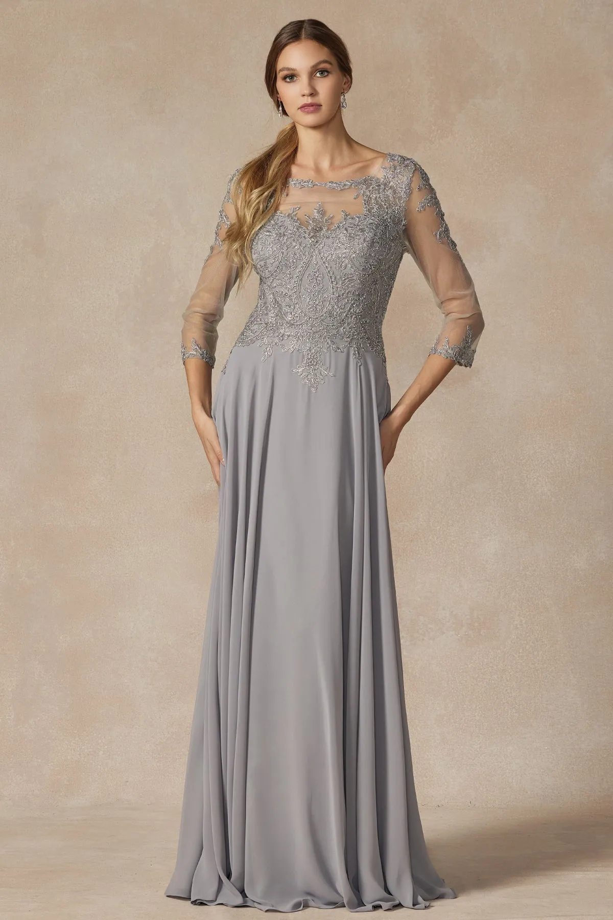 Embroidered Lace Applique, Long Sleeves, Long Mother Of The Bride Dress