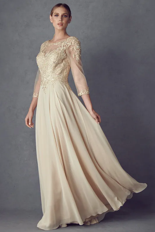 Embroidered Lace Applique, Long Sleeves, Long Mother Of The Bride Dress