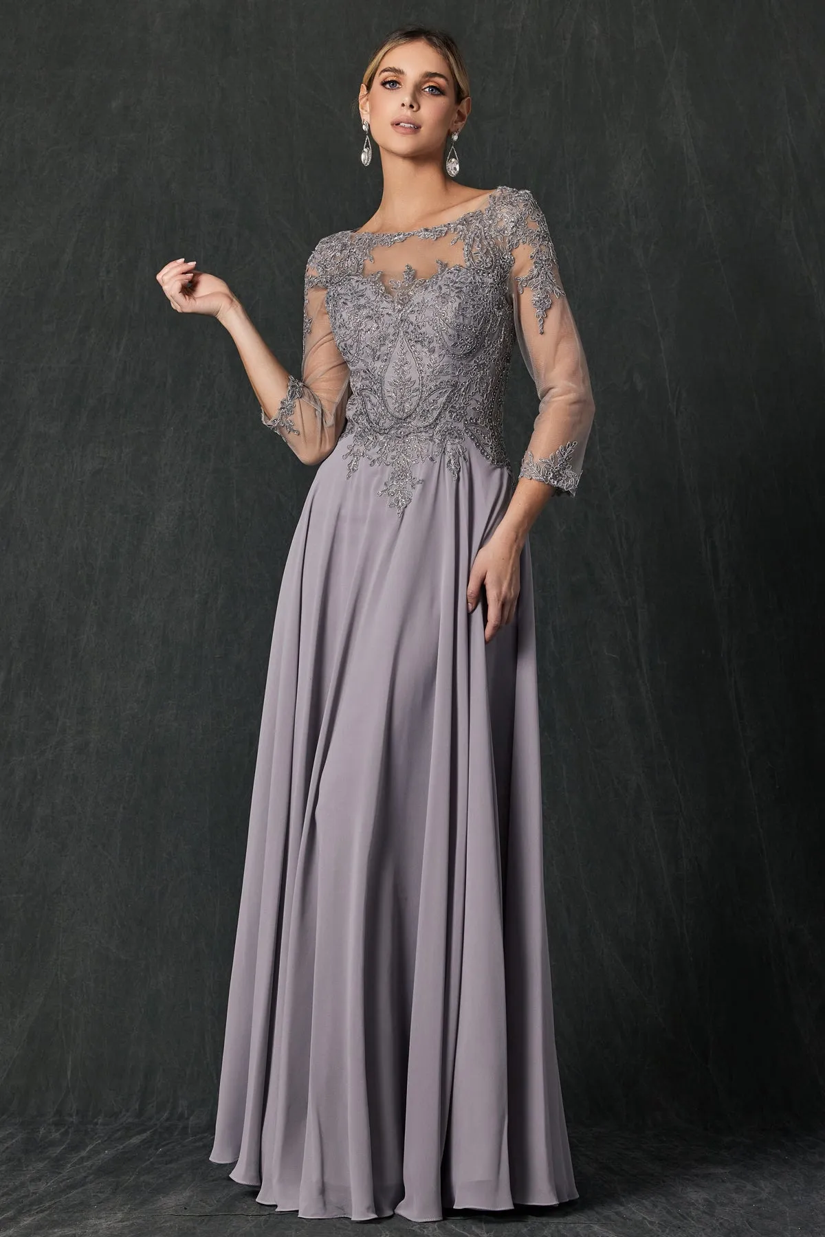 Embroidered Lace Applique, Long Sleeves, Long Mother Of The Bride Dress