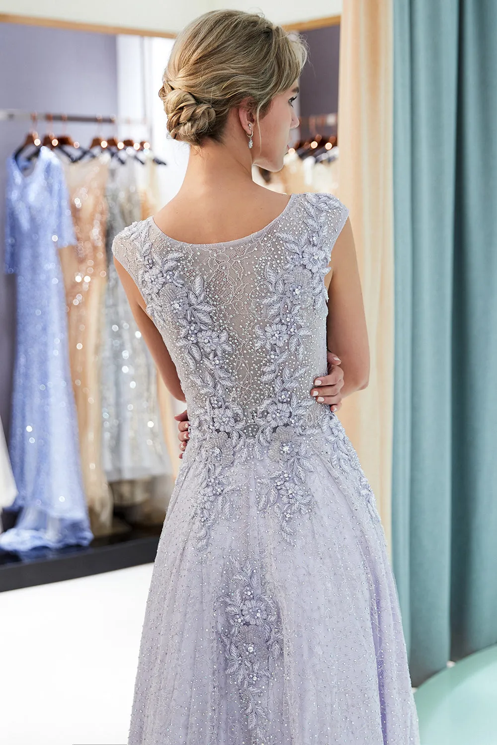 Excellent Long A-line Jewel Tulle Lace Evening Dress