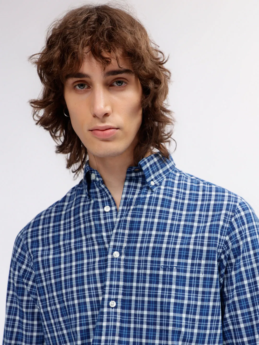 Gant Men Blue Checked Button Down Full Sleeves Shirt