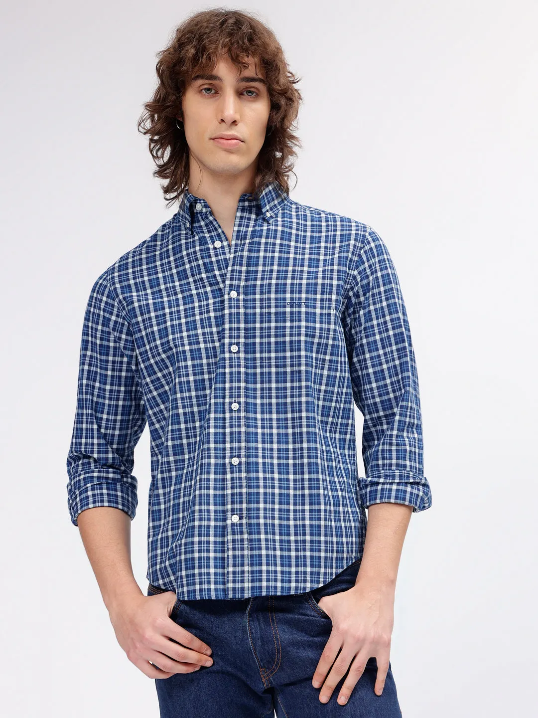 Gant Men Blue Checked Button Down Full Sleeves Shirt