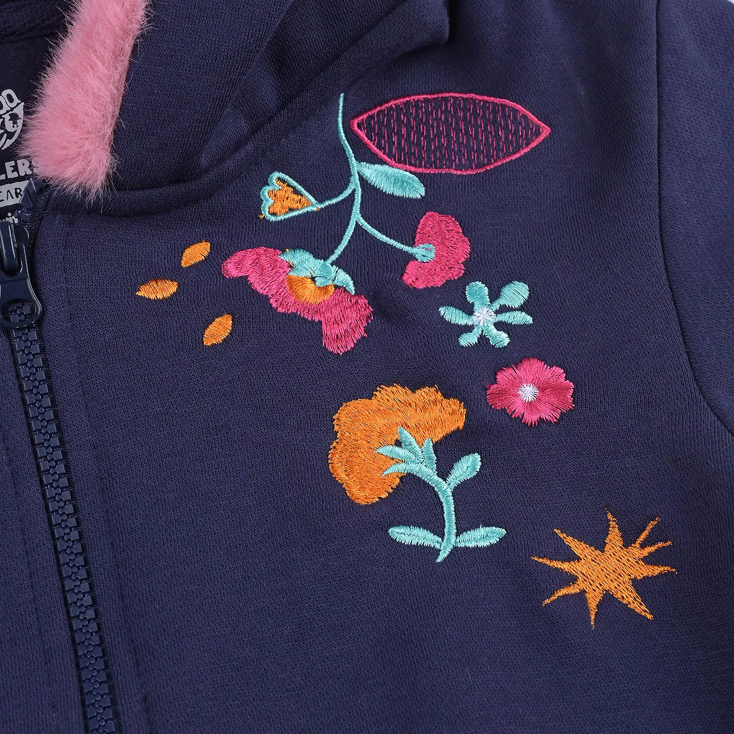 Girls Fleece Knitted Jacket Flowers-Navy Blue