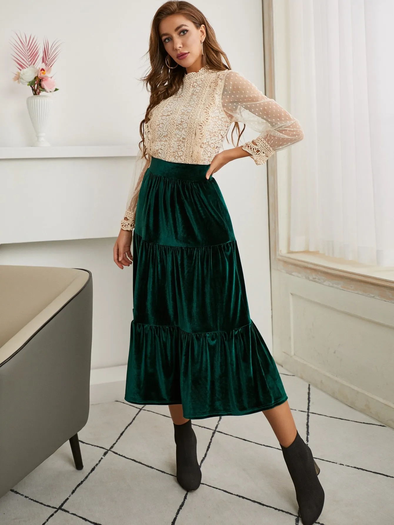 Glamorous Plain Ruffle Hem High Waist Long Women Skirt