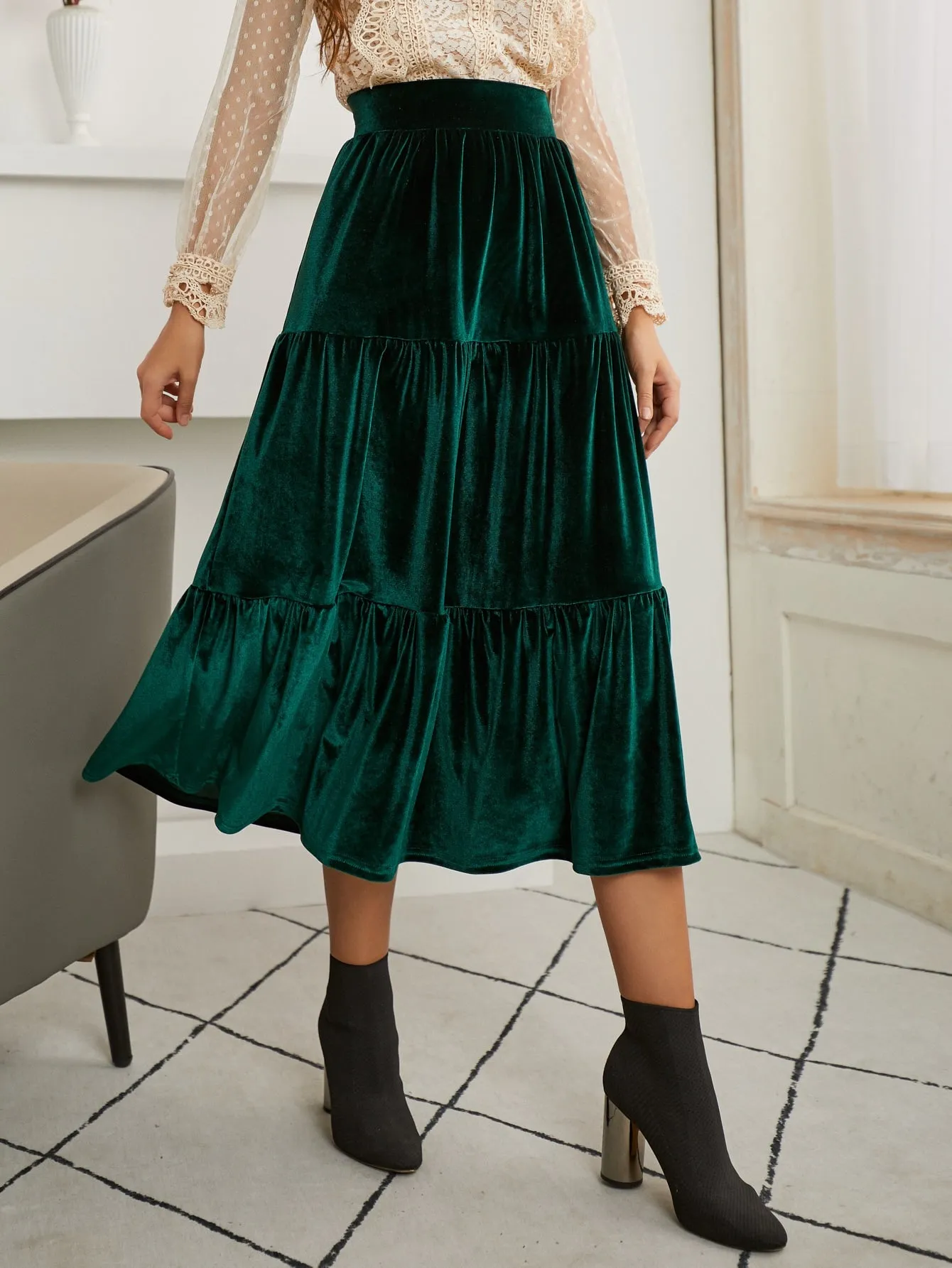 Glamorous Plain Ruffle Hem High Waist Long Women Skirt