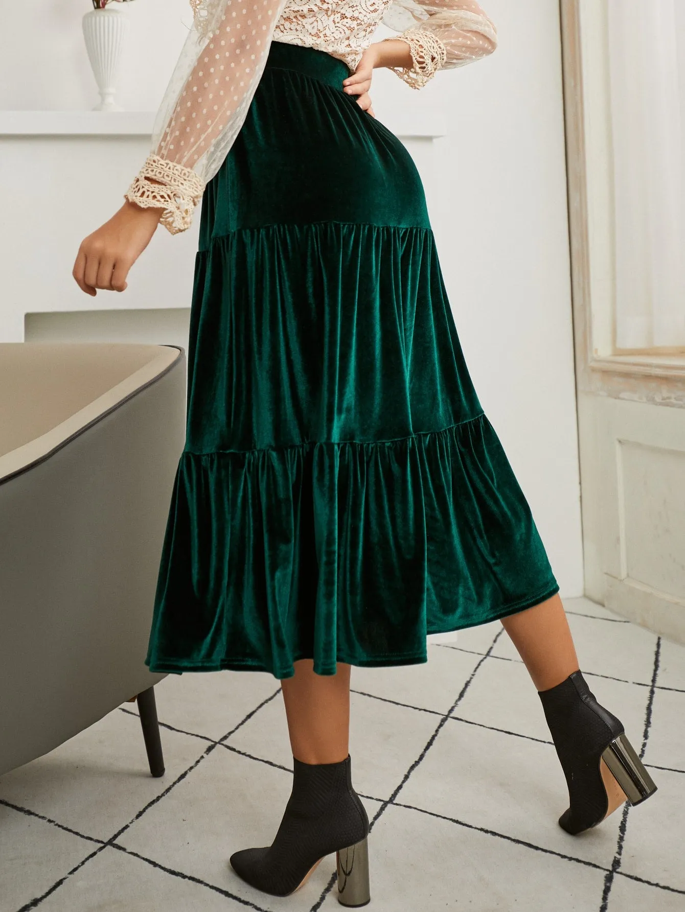 Glamorous Plain Ruffle Hem High Waist Long Women Skirt