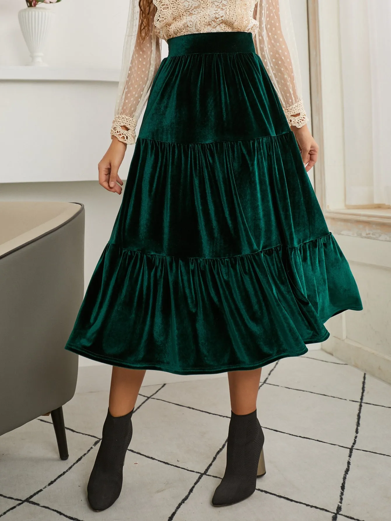 Glamorous Plain Ruffle Hem High Waist Long Women Skirt