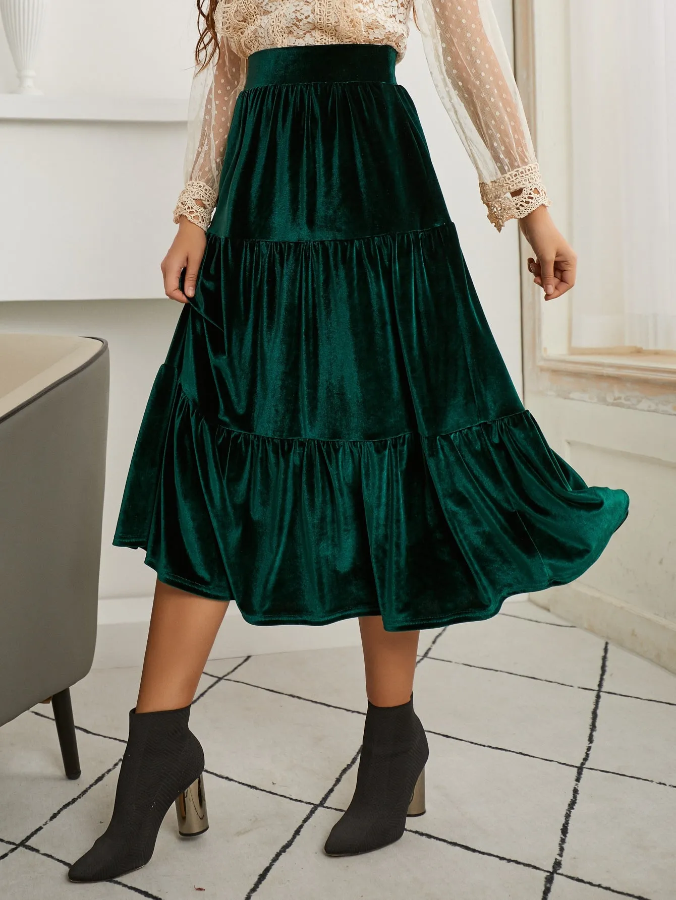 Glamorous Plain Ruffle Hem High Waist Long Women Skirt