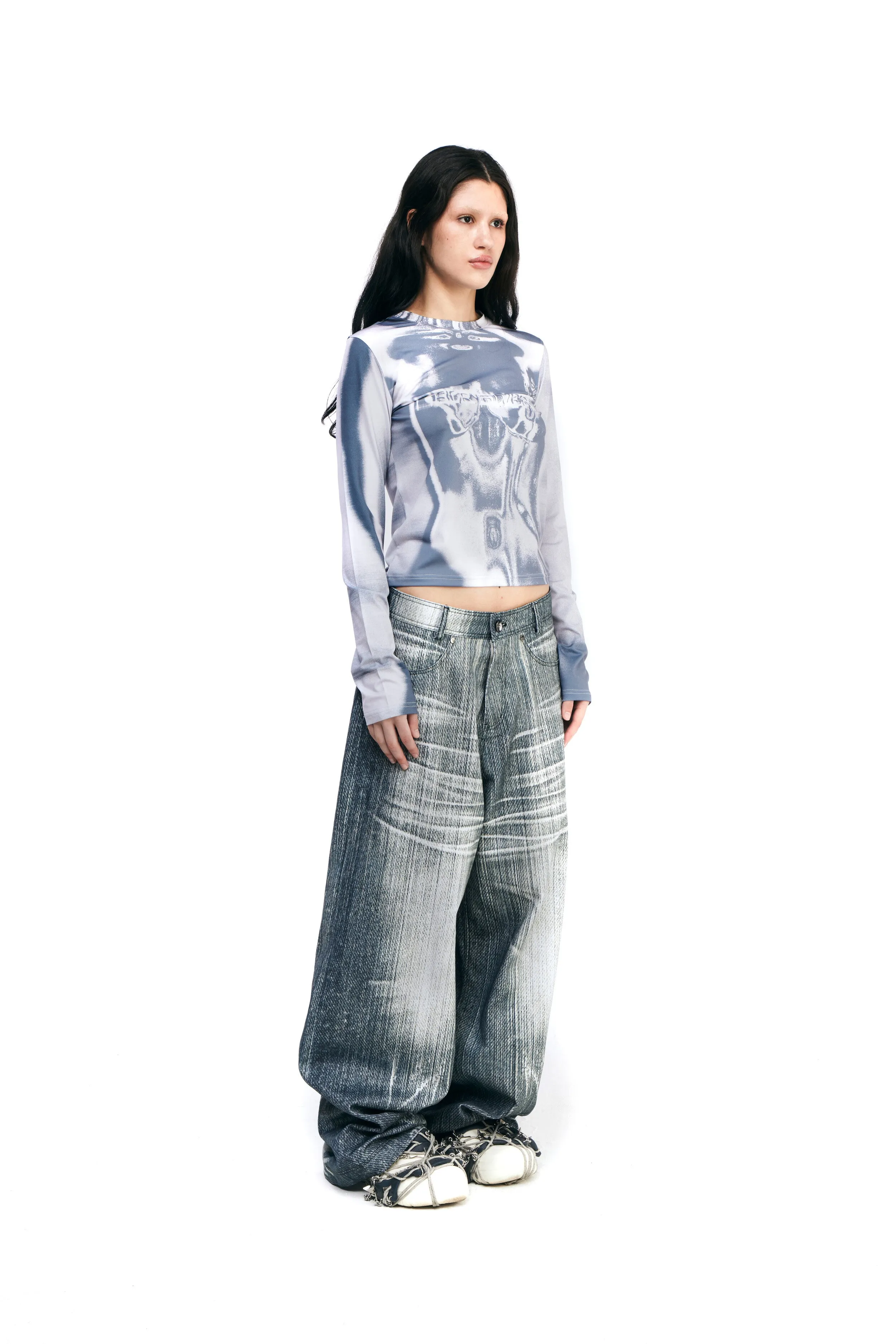 Grey printed wide denim pants