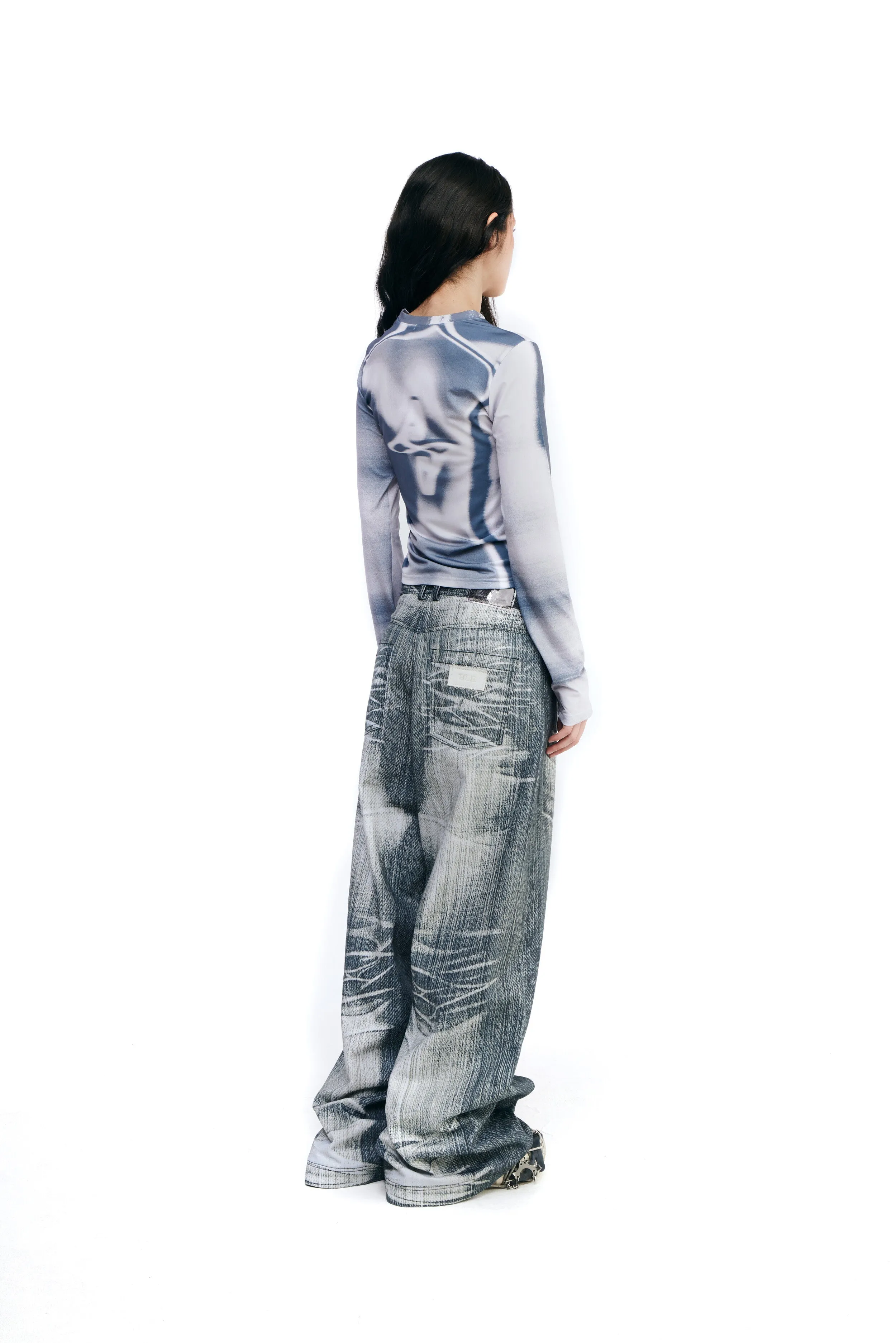 Grey printed wide denim pants